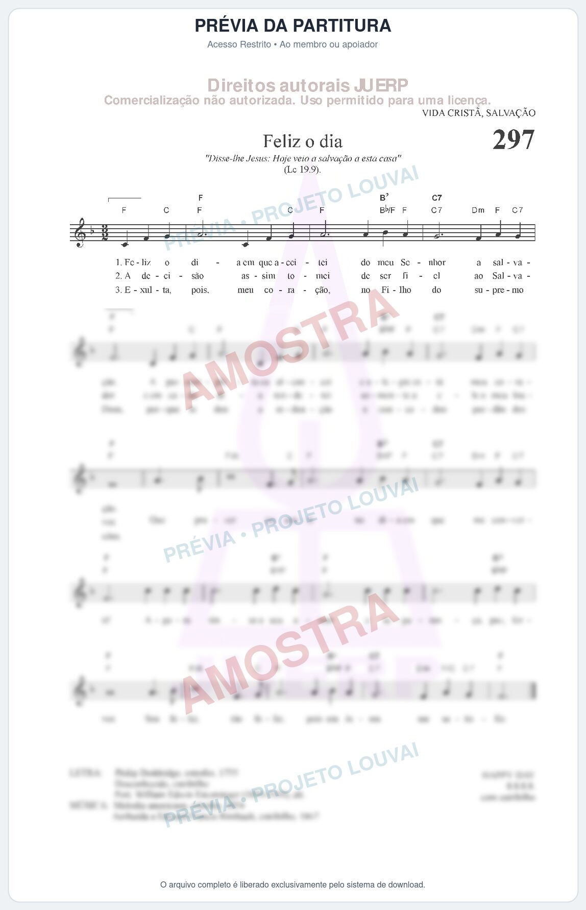 Prévia protegida da primeira página da partitura Partitura da música Feliz o dia (HCC CIFRADO 297) - Hinário para o Culto Cristão - Tom F