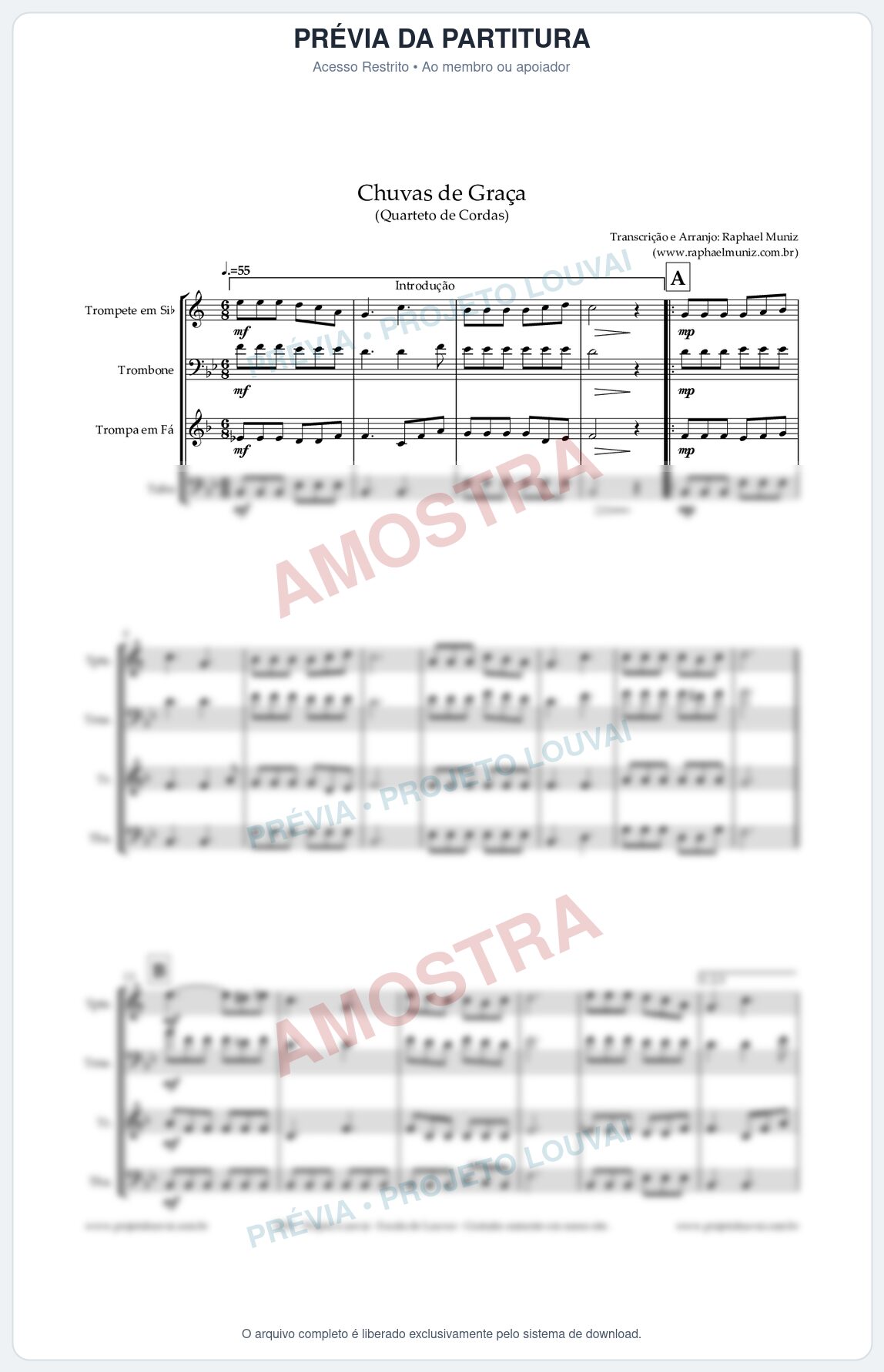 Prévia protegida da primeira página da partitura Partitura para Quarteto de Metais - Chuvas de Graça - Harpa Cristã nº1 - Clássicos do Gospel
