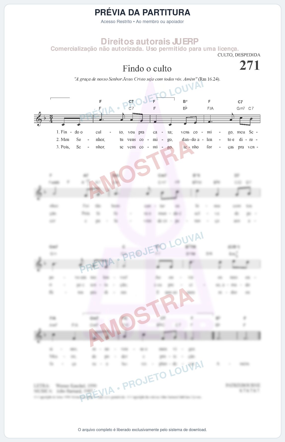 Prévia protegida da primeira página da partitura Partitura da música Findo o culto (HCC CIFRADO 271) - Hinário para o Culto Cristão - Tom F