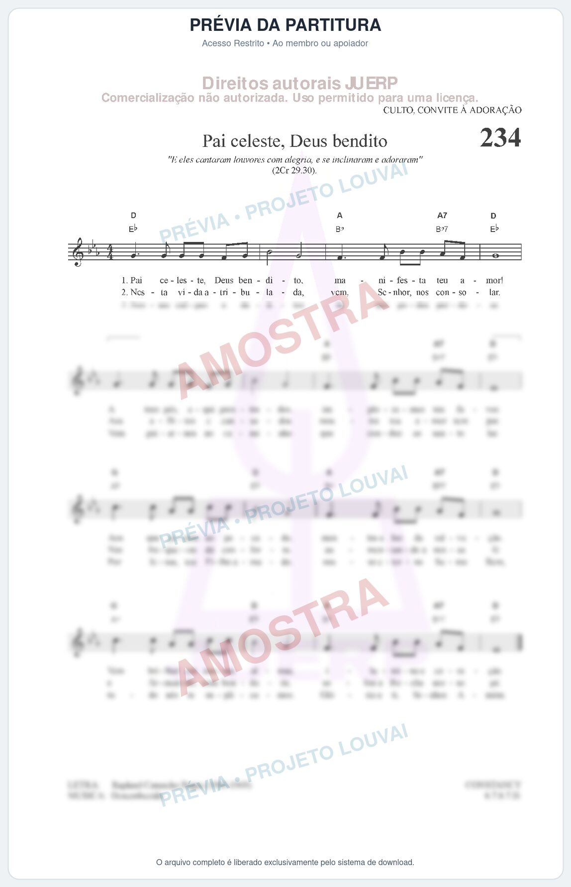 Prévia protegida da primeira página da partitura Partitura da música Pai celeste, Deus bendito (HCC CIFRADO 234) - Hinário para o Culto Cristão - Tom Eb