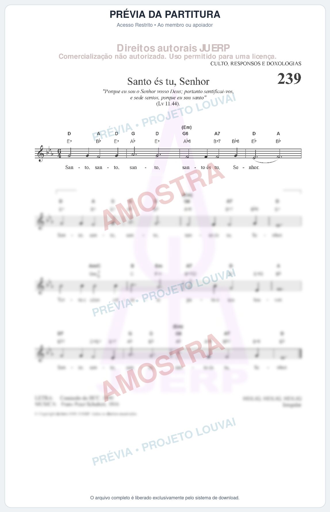 Prévia protegida da primeira página da partitura Partitura da música Santo és tu, Senhor (HCC CIFRADO 239) - Hinário para o Culto Cristão - Tom Eb