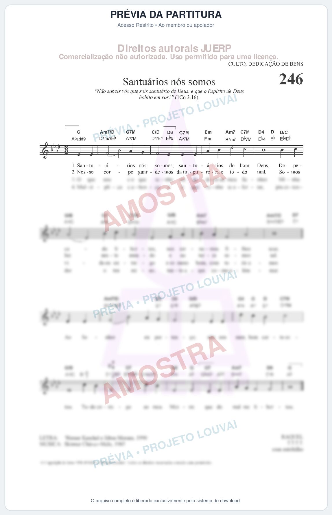 Prévia protegida da primeira página da partitura Partitura da música Santuários nós somos (HCC CIFRADO 246) - Hinário para o Culto Cristão - Tom Ab