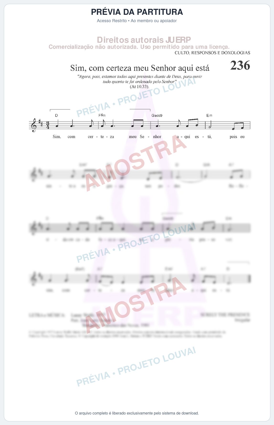 Prévia protegida da primeira página da partitura Partitura da música Sim, com certeza meu Senhor aqui está (HCC CIFRADO 236) - Hinário para o Culto Cristão - Tom D