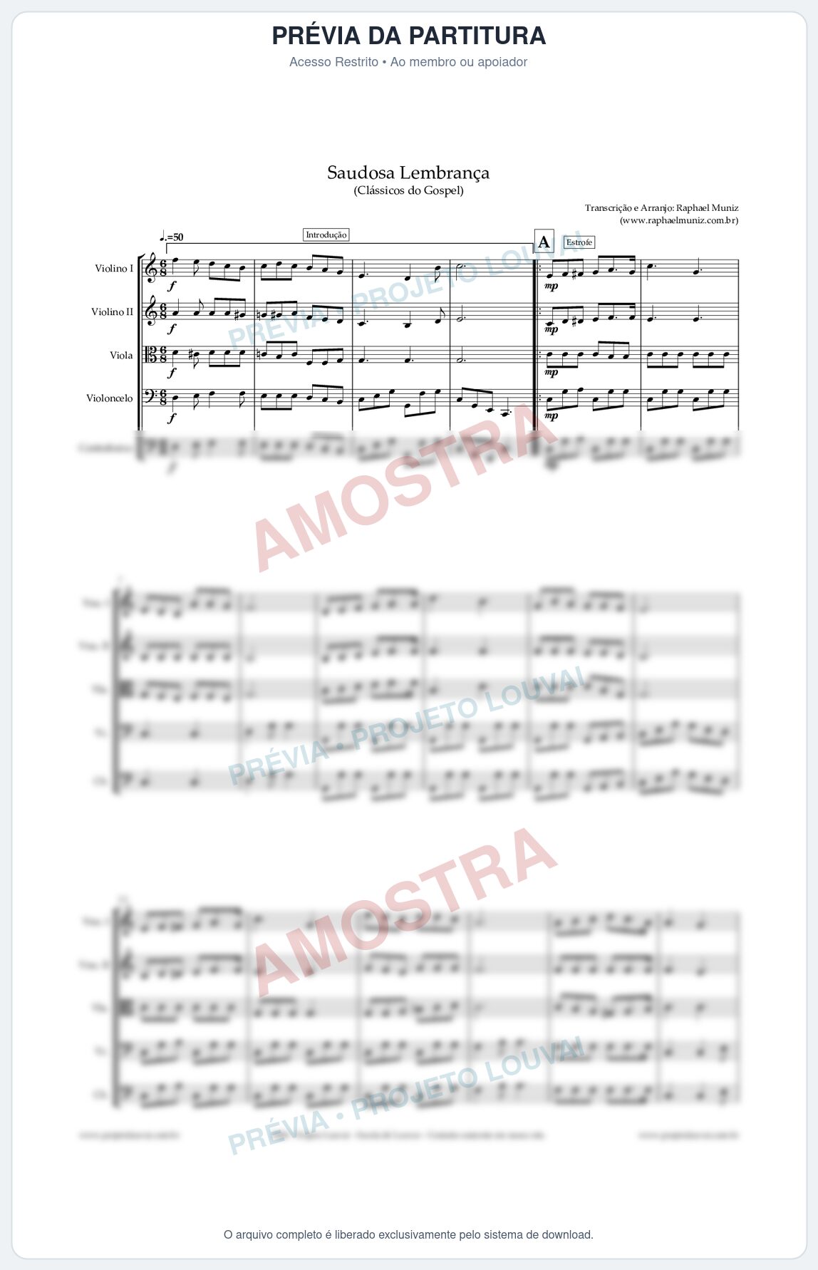 Prévia protegida da primeira página da partitura Partitura para Orquestra de Cordas - Saudosa Lembrança - Harpa Cristã nº2