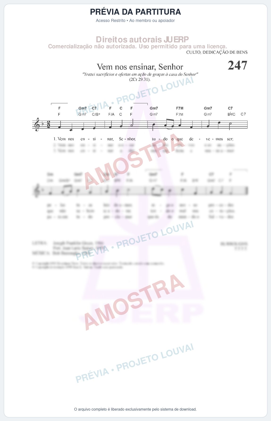 Prévia protegida da primeira página da partitura Partitura da música Vem nos ensinar, Senhor (HCC CIFRADO 247) - Hinário para o Culto Cristão - Tom F