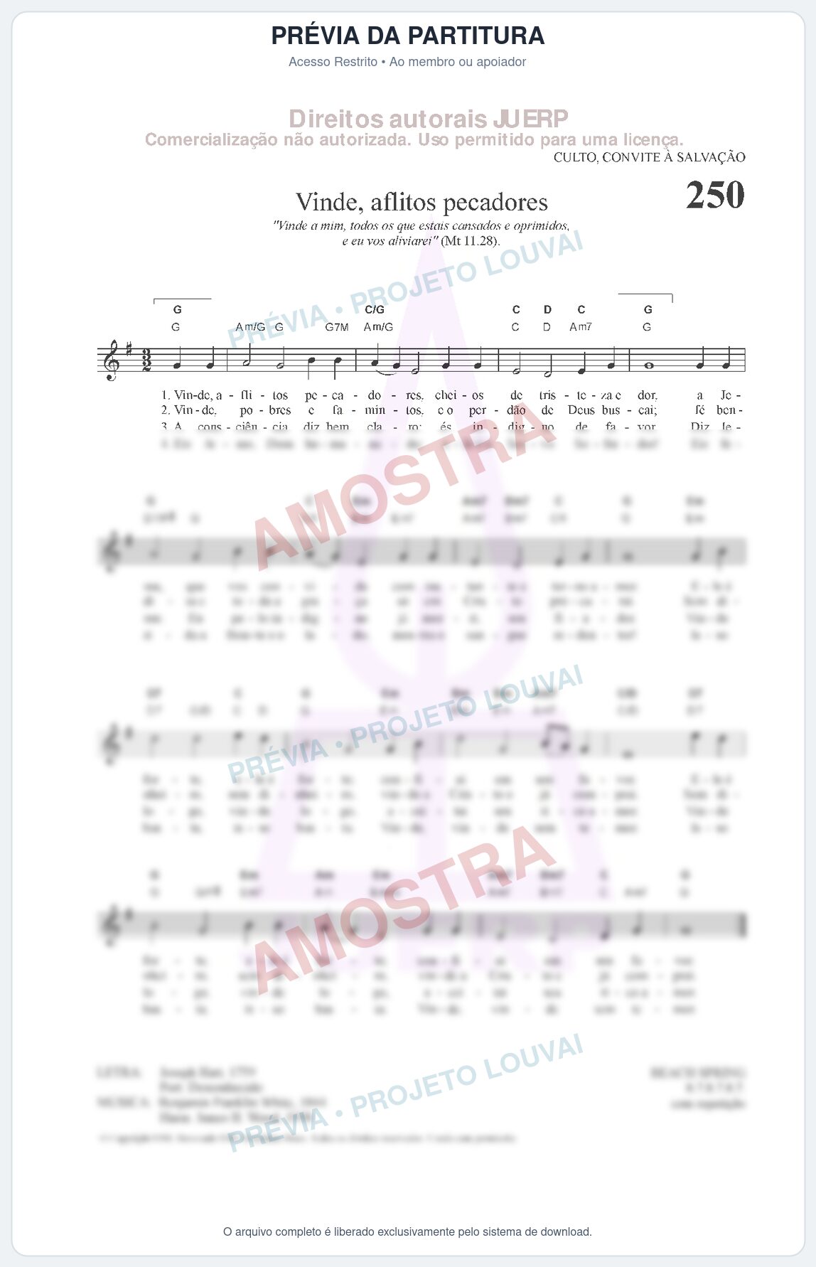 Prévia protegida da primeira página da partitura Partitura da música Vinde, aflitos pecadores (HCC CIFRADO 250) - Hinário para o Culto Cristão - Tom G