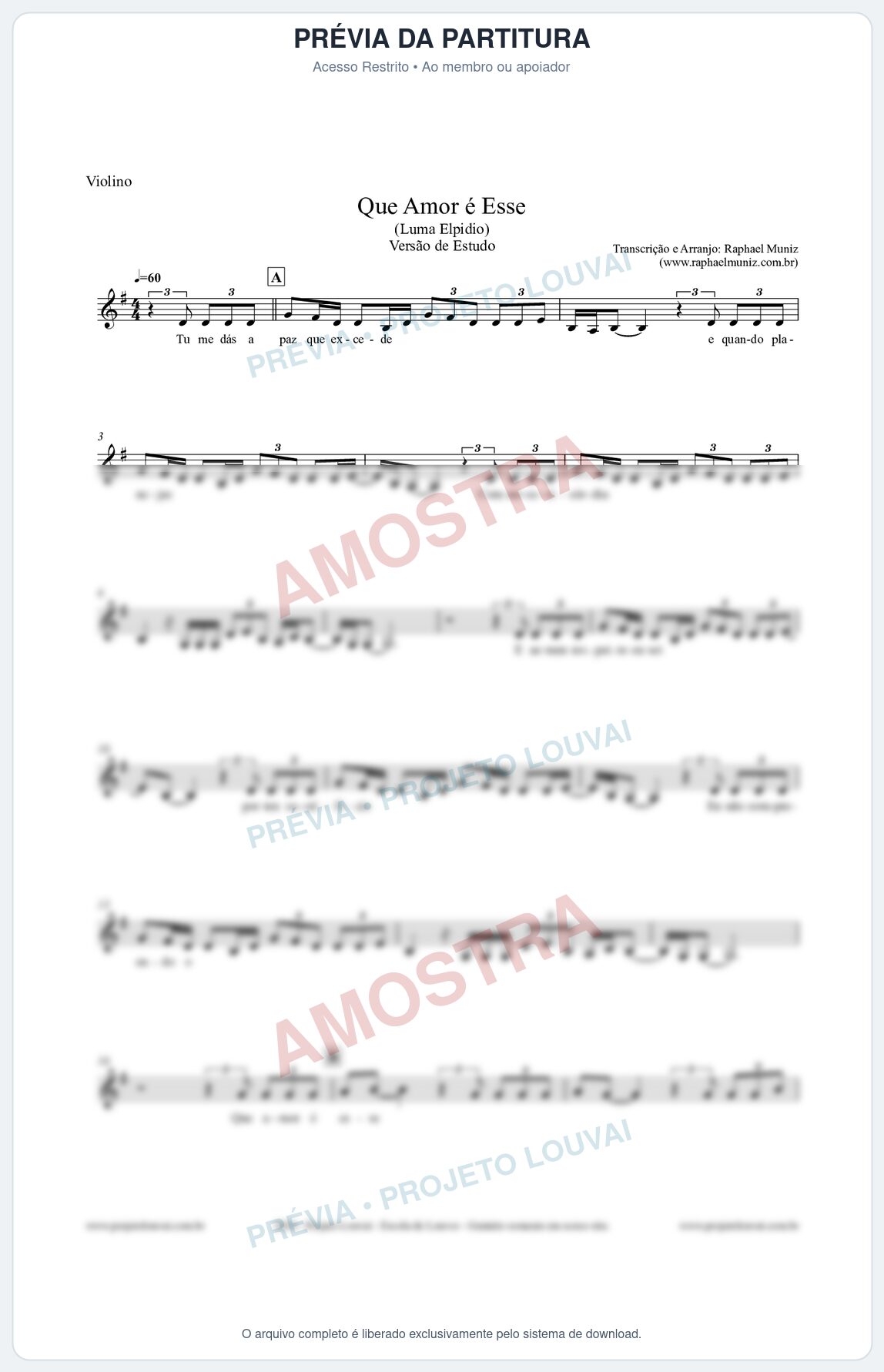 Prévia protegida da primeira página da partitura Partitura para Violino - Que Amor É Esse - Luma Elpidio