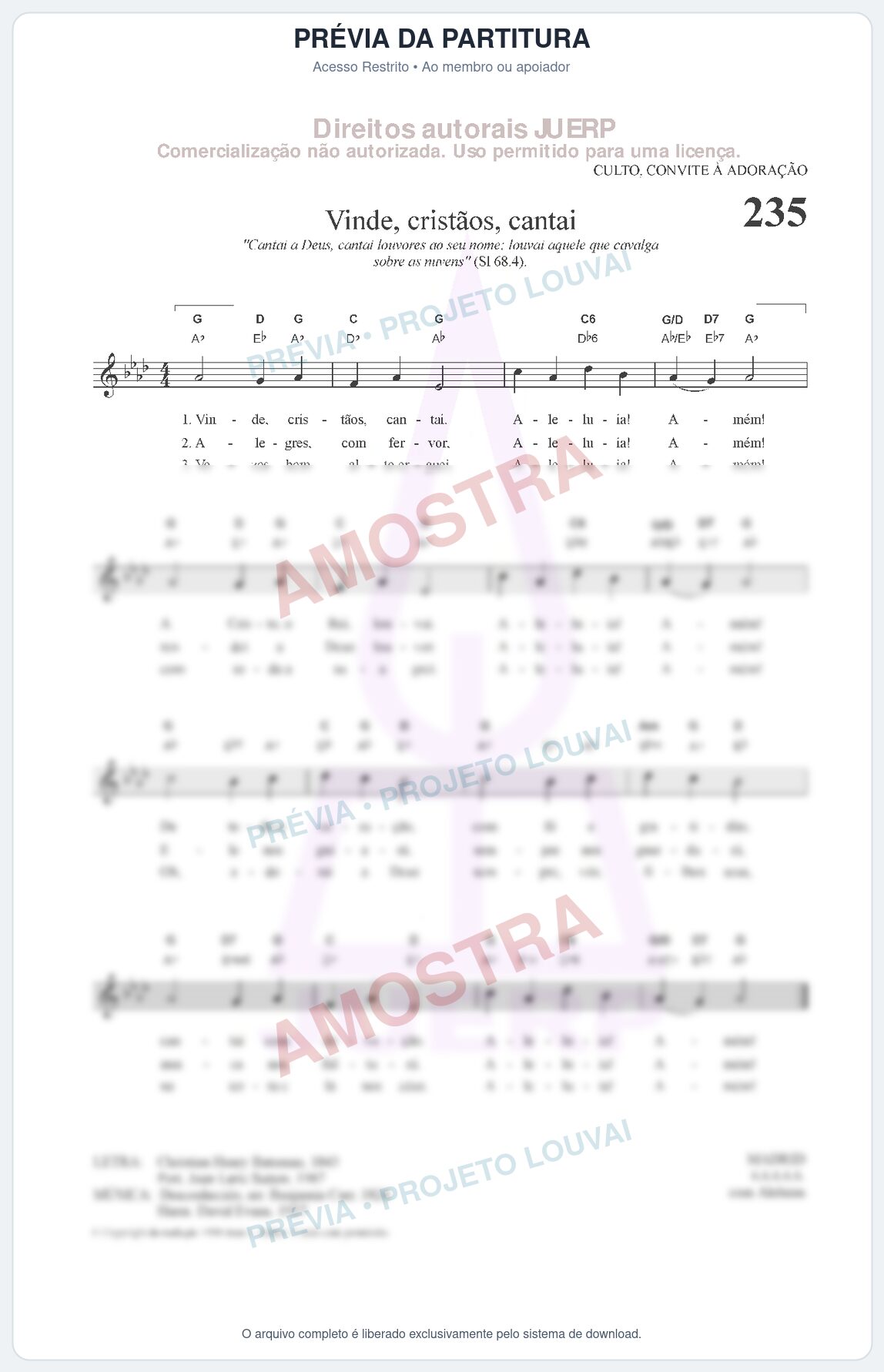 Prévia protegida da primeira página da partitura Partitura da música Vinde,_cristãos,_cantai (HCC CIFRADO 235) - Hinário para o Culto Cristão - Tom Ab