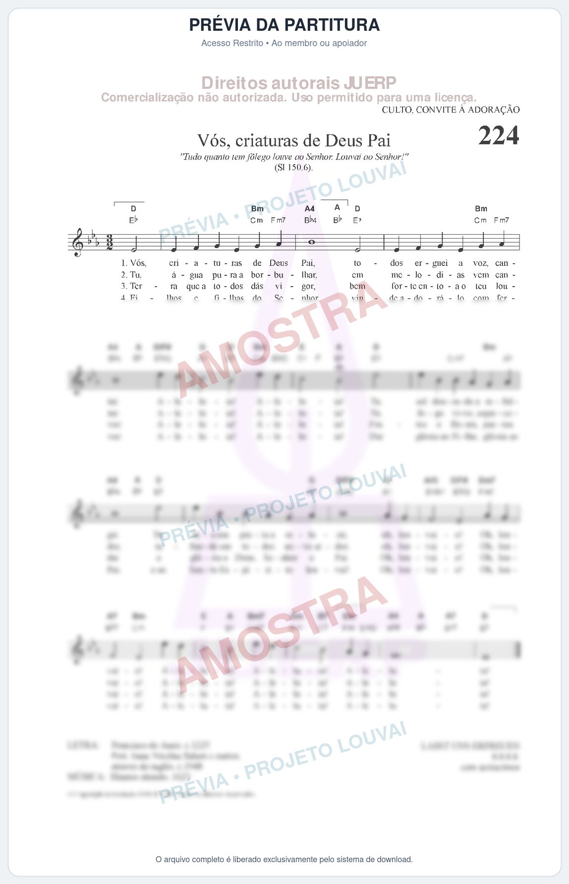 Prévia protegida da primeira página da partitura Partitura da música Vós, criaturas de Deus Pai (HCC CIFRADO 224) - Hinário para o Culto Cristão - Tom Eb
