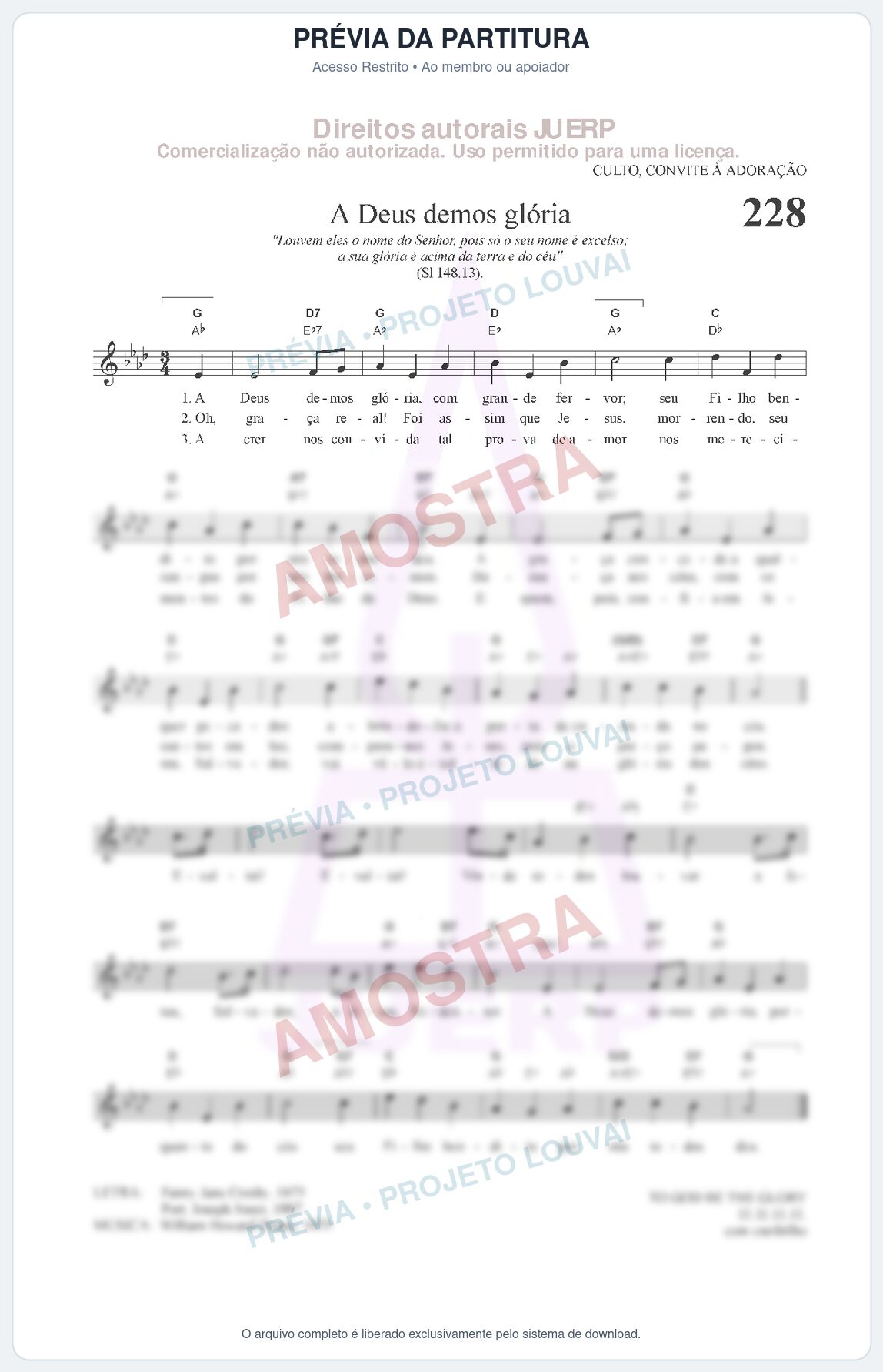 Prévia protegida da primeira página da partitura Partitura da música A Deus demos glória (HCC CIFRADO 228) - Hinário para o Culto Cristão - Tom Ab
