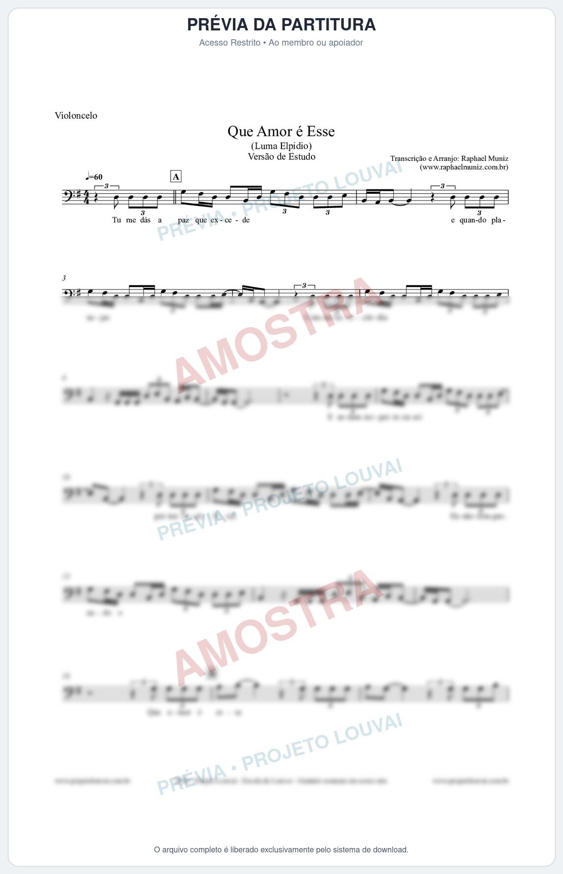 Prévia protegida da primeira página da partitura Partitura para Violoncelo - Que Amor É Esse - Luma Elpidio