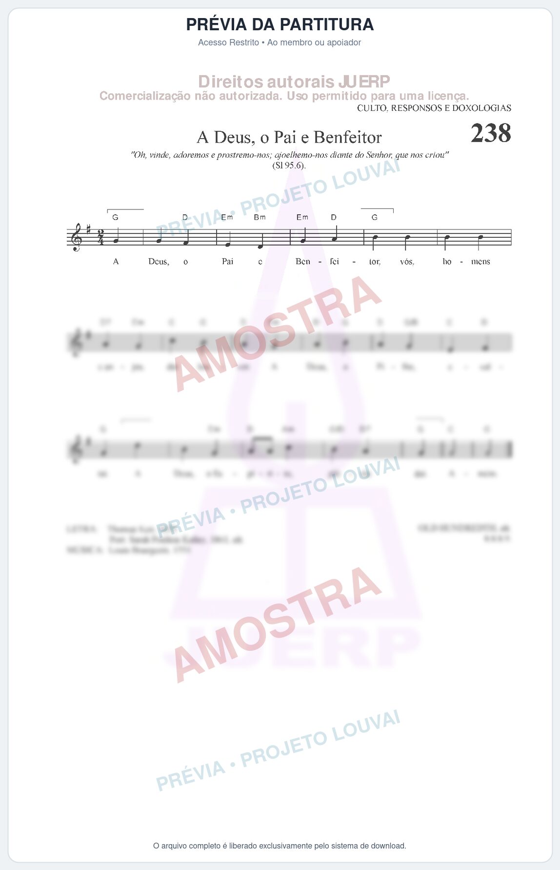 Prévia protegida da primeira página da partitura Partitura da música A Deus, o Pai e Benfeitor (HCC CIFRADO 238) - Hinário para o Culto Cristão - Tom G
