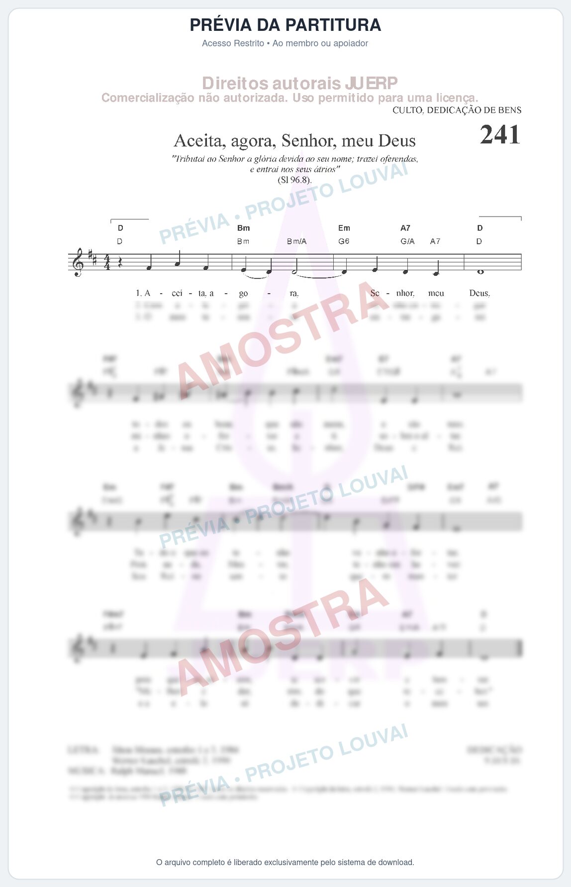 Prévia protegida da primeira página da partitura Partitura da música Aceita, agora, Senhor, meu Deus (HCC CIFRADO 241) - Hinário para o Culto Cristão - Tom D
