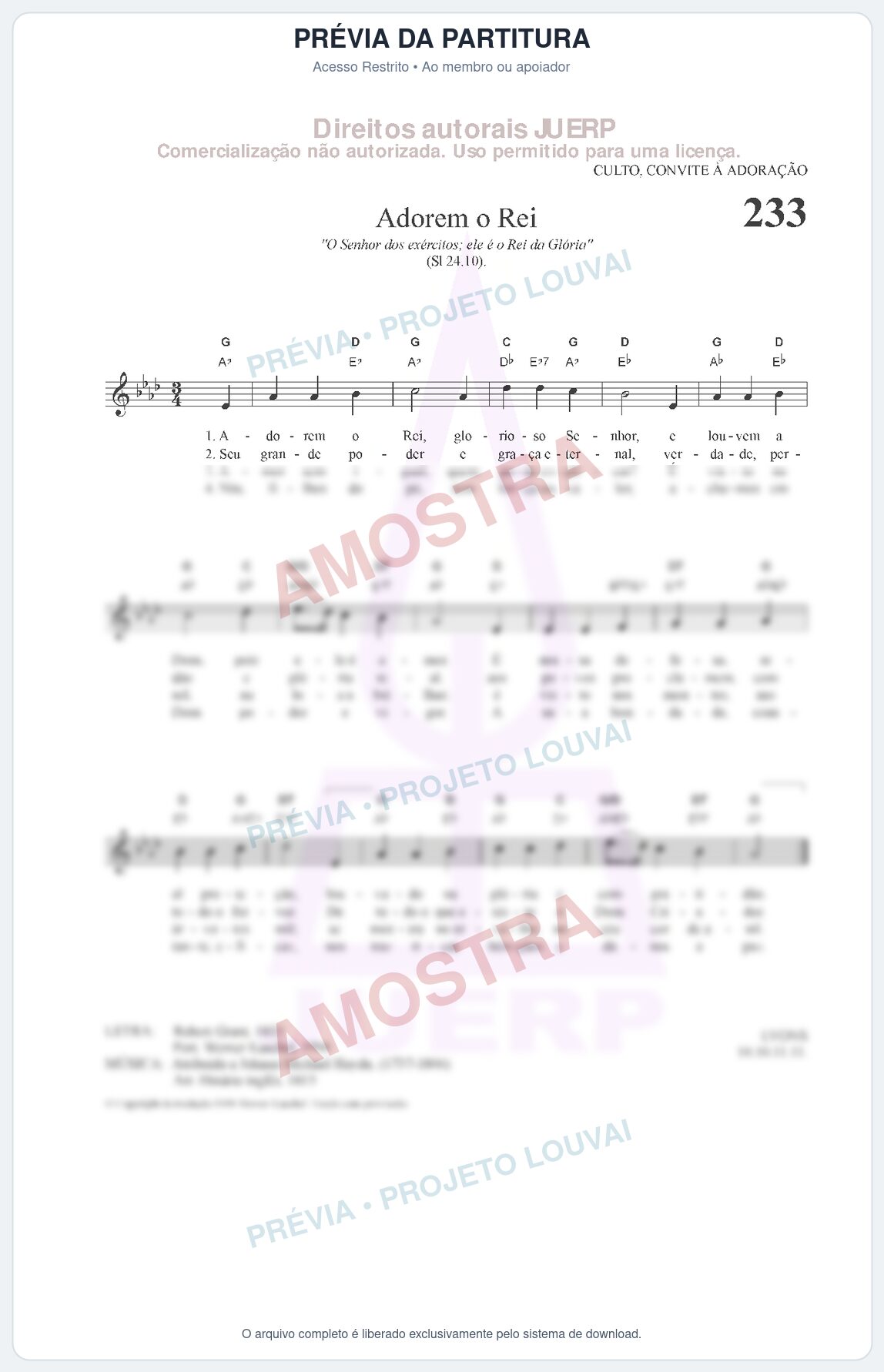 Prévia protegida da primeira página da partitura Partitura da música Adorem o Rei (HCC CIFRADO 233) - Hinário para o Culto Cristão - Tom Ab