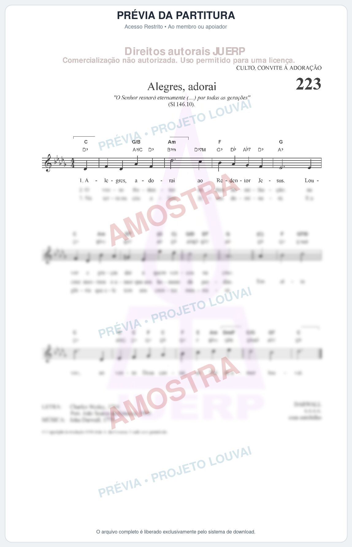 Prévia protegida da primeira página da partitura Partitura da música Alegres, adorai (HCC CIFRADO 223) - Hinário para o Culto Cristão - Tom Db