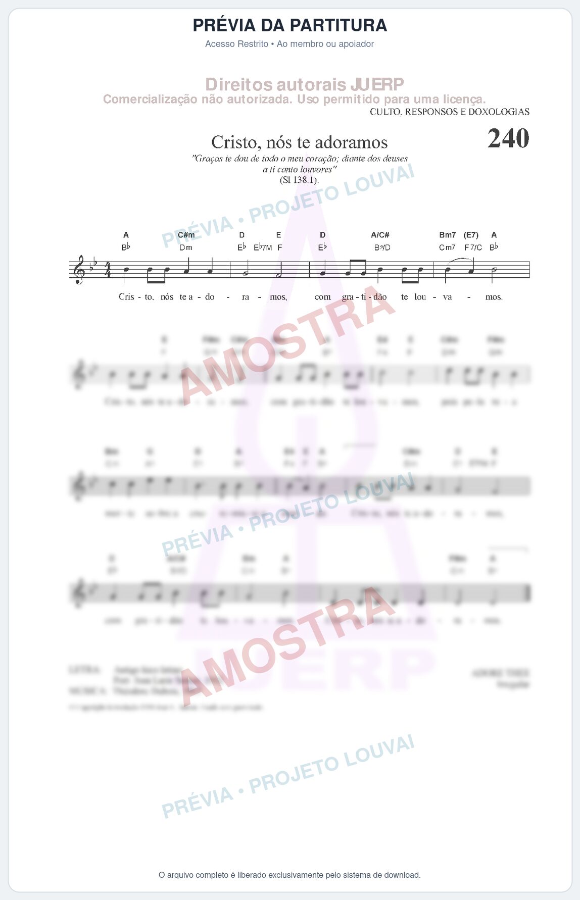 Prévia protegida da primeira página da partitura Partitura da música Cristo, nós te adoramos (HCC CIFRADO 240) - Hinário para o Culto Cristão - Tom Bb
