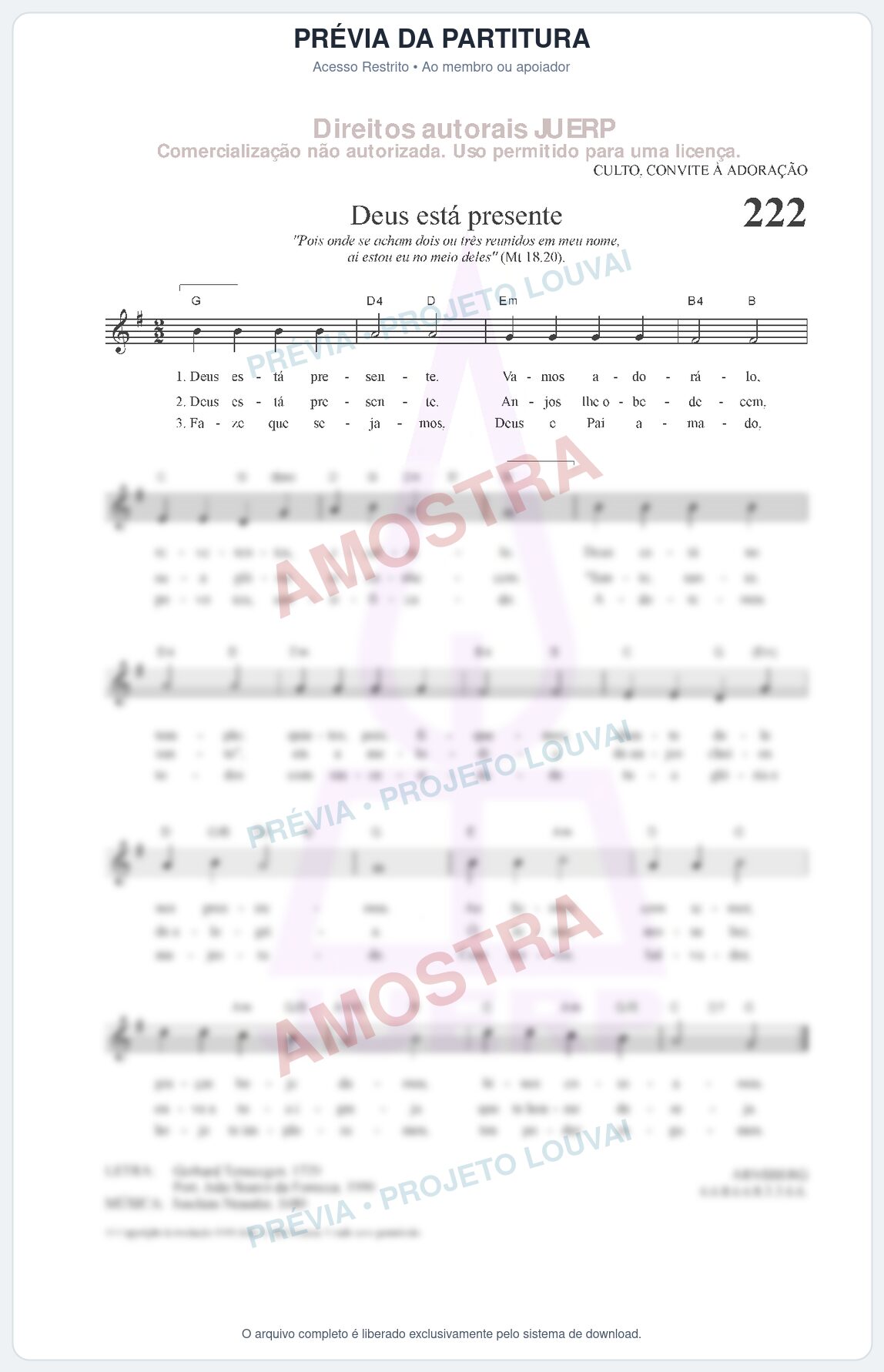 Prévia protegida da primeira página da partitura Partitura da música Deus está presente (HCC CIFRADO 222) - Hinário para o Culto Cristão - Tom G