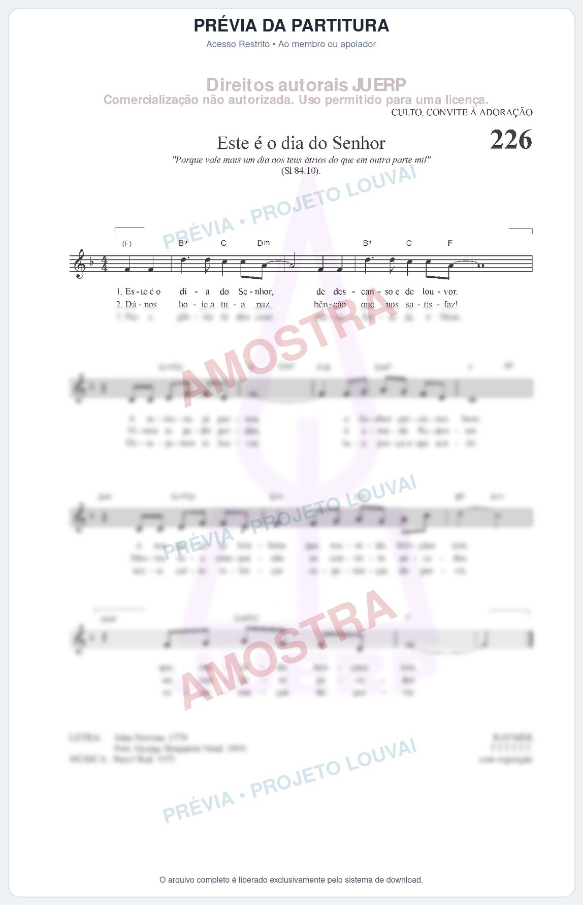 Prévia protegida da primeira página da partitura Partitura da música Este é o dia do Senhor (HCC CIFRADO 226) - Hinário para o Culto Cristão - Tom F