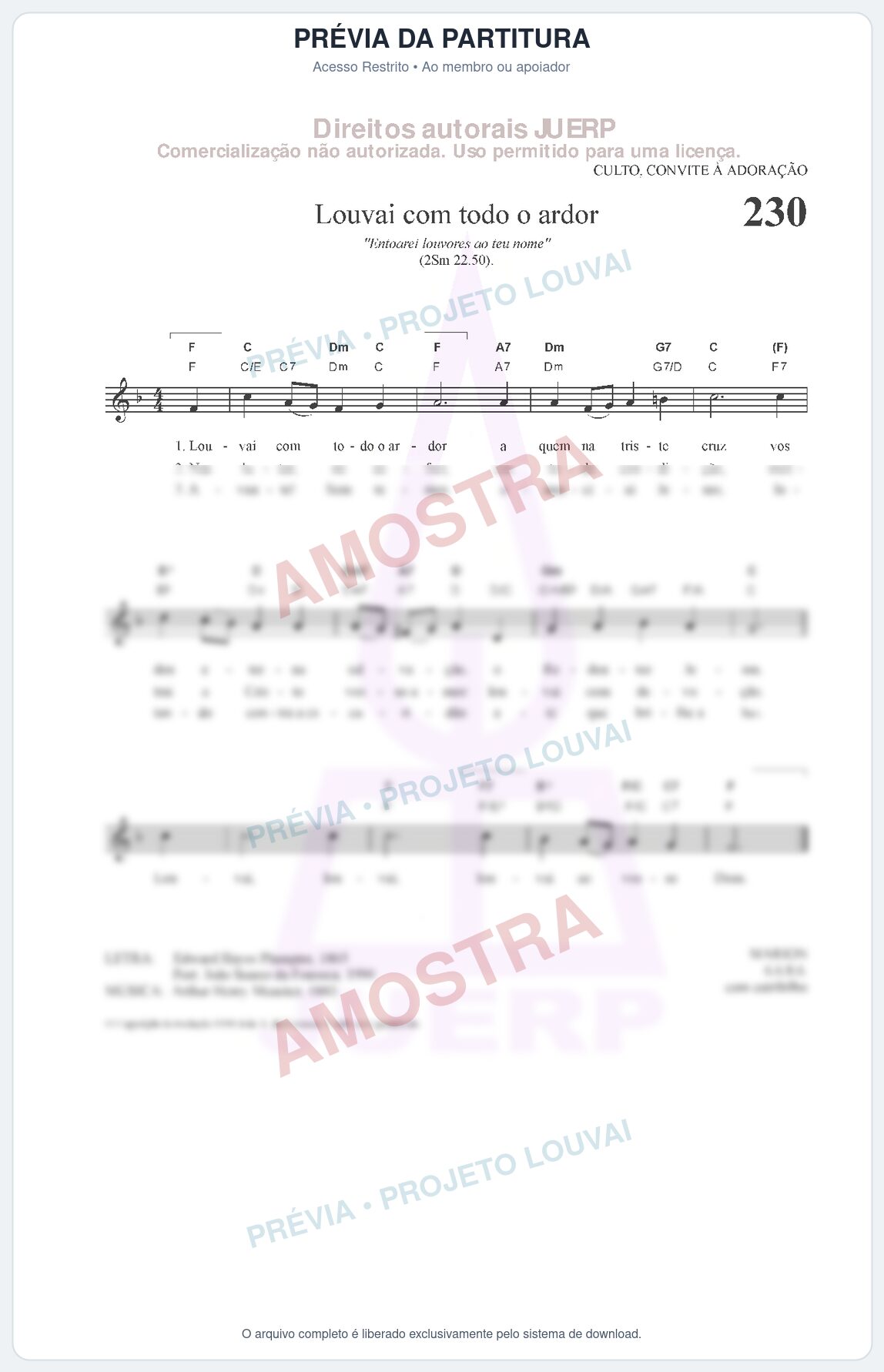 Prévia protegida da primeira página da partitura Partitura da música Louvai com todo o ardor (HCC CIFRADO 230) - Hinário para o Culto Cristão - Tom F
