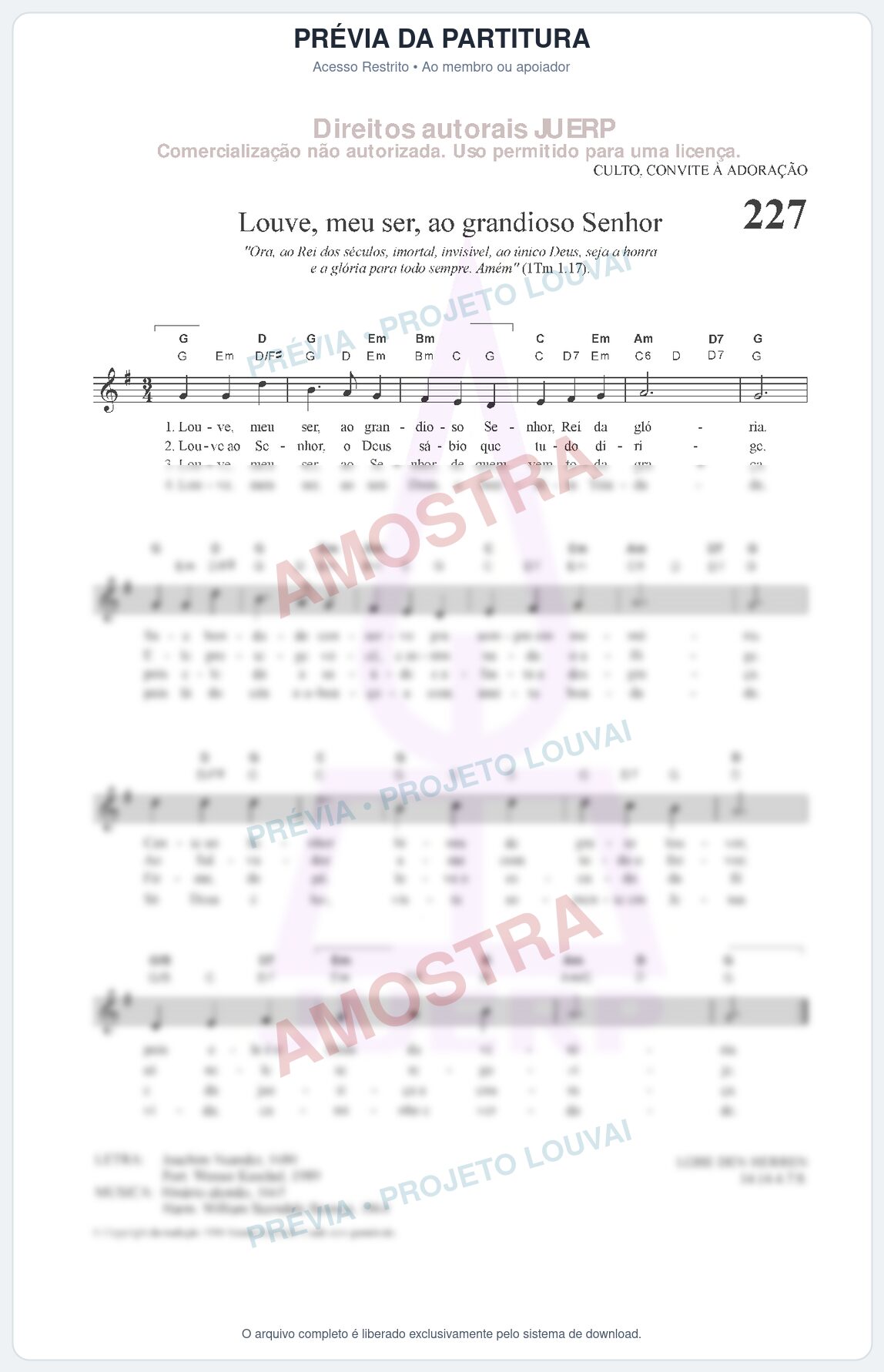Prévia protegida da primeira página da partitura Partitura da música Louve, meu ser, ao grandioso Senhor (HCC CIFRADO 227) - Hinário para o Culto Cristão - Tom G