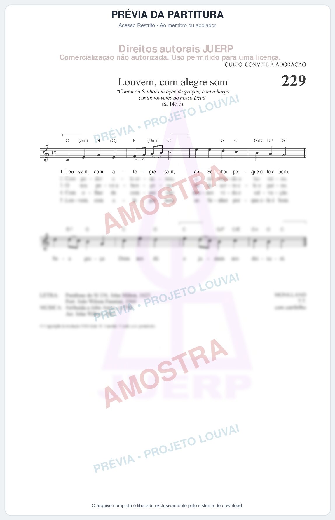 Prévia protegida da primeira página da partitura Partitura da música Louvem, com alegre som (HCC CIFRADO 229) - Hinário para o Culto Cristão - Tom C
