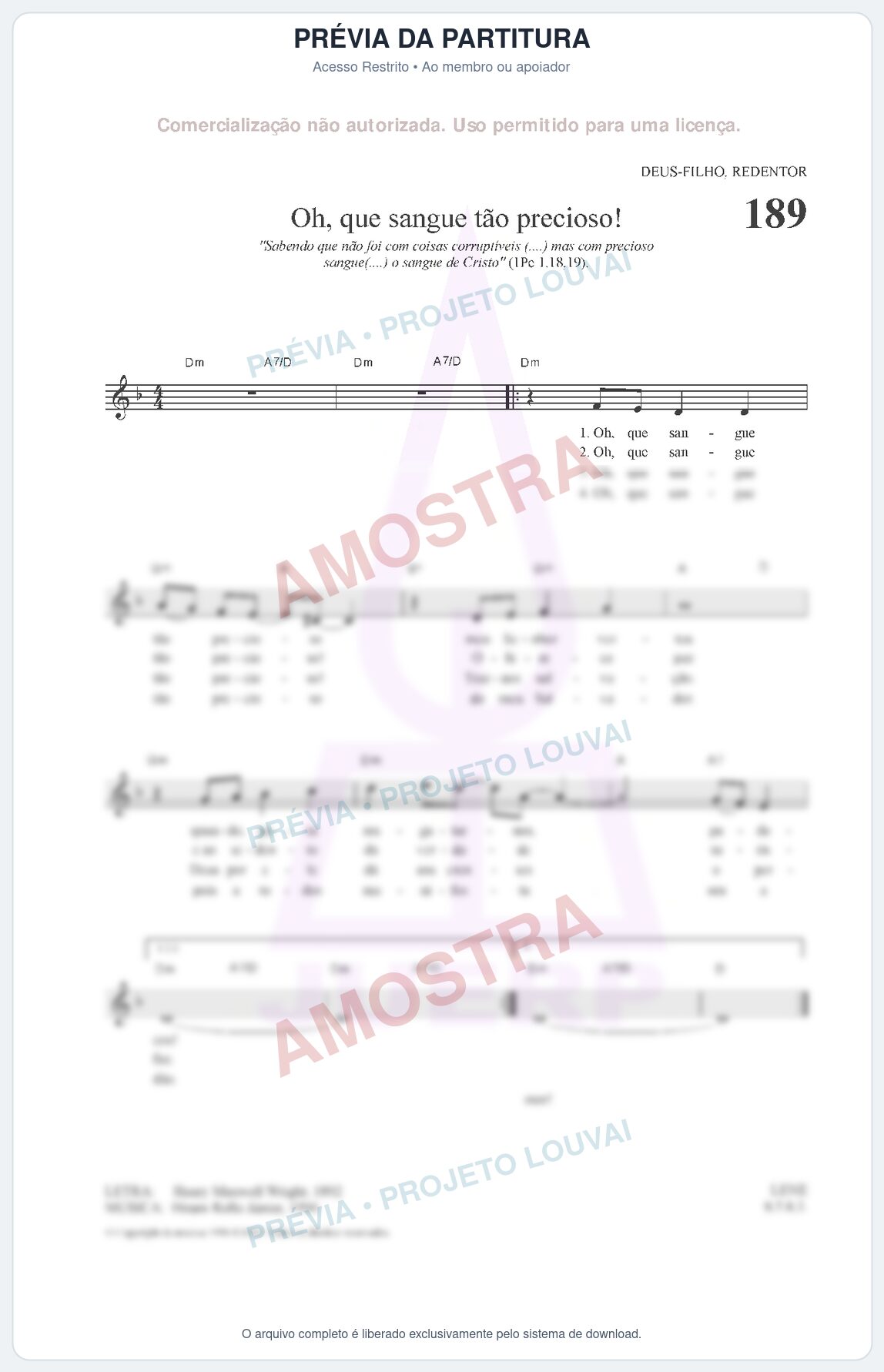 Prévia protegida da primeira página da partitura Partitura da música Oh, que sangue tão precioso! (HCC CIFRADO 189) - Hinário para o Culto Cristão - Tom Dm