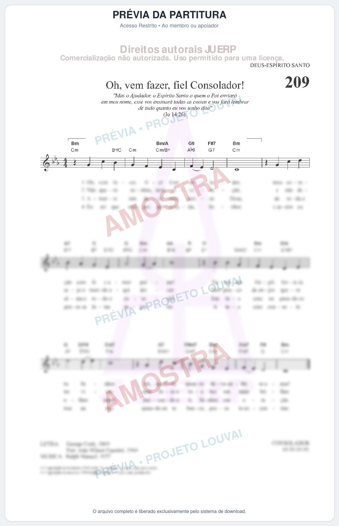Prévia protegida da primeira página da partitura Partitura da música Oh, vem fazer, fiel Consolador! (HCC CIFRADO 209) - Hinário para o Culto Cristão - Tom Cm
