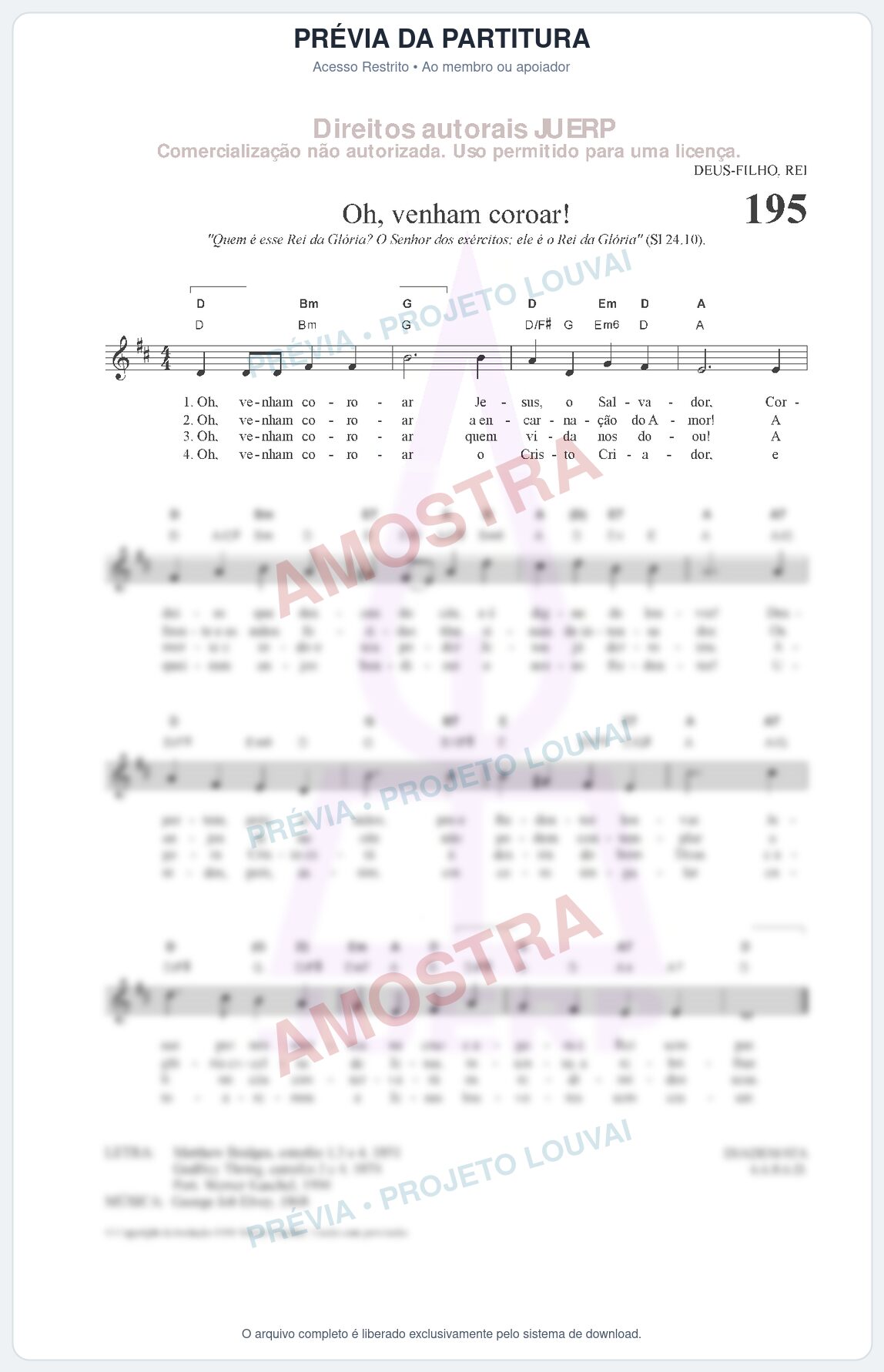 Prévia protegida da primeira página da partitura Partitura da música Oh, venham coroar! (HCC CIFRADO 195) - Hinário para o Culto Cristão - Tom D