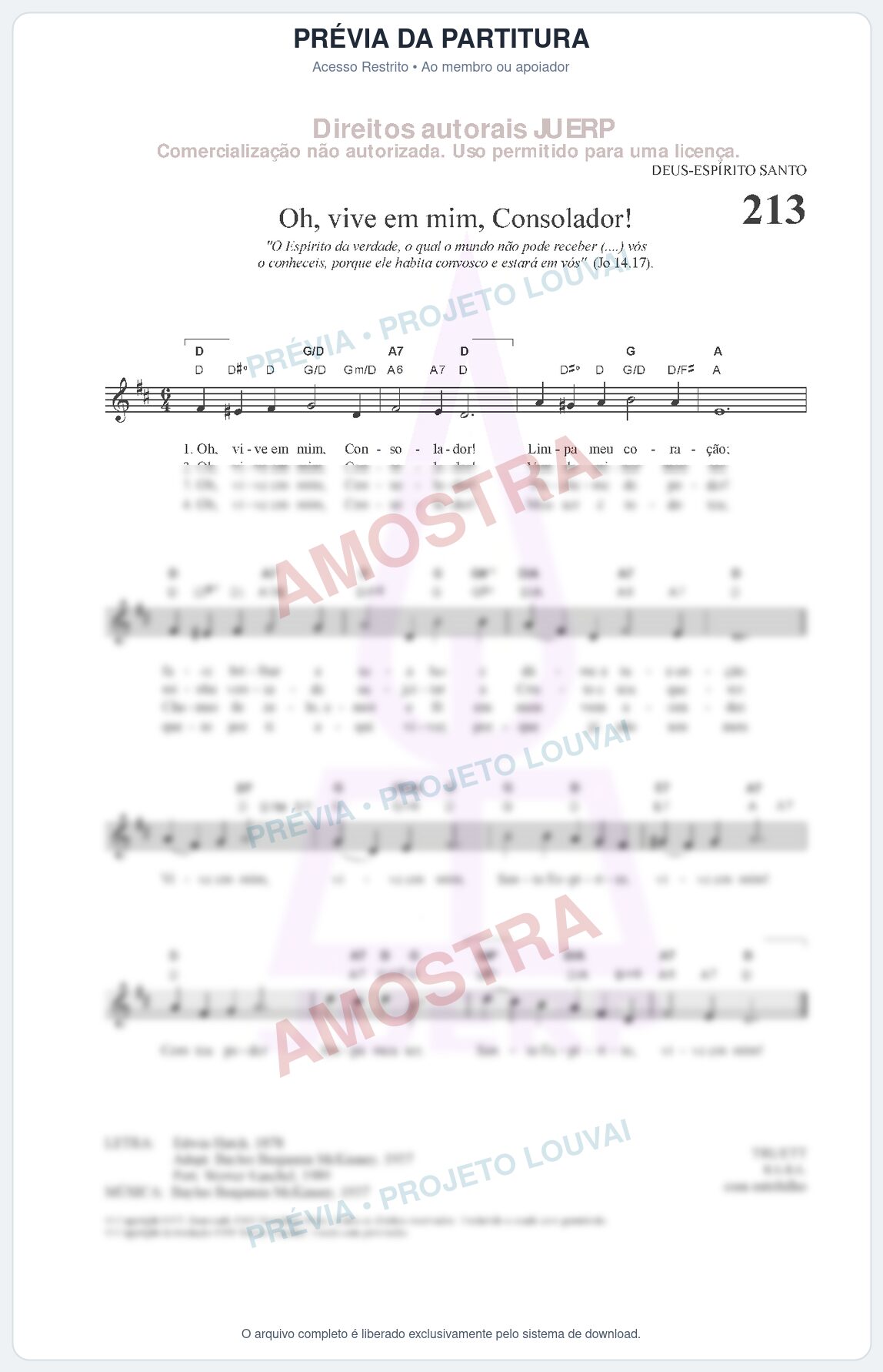 Prévia protegida da primeira página da partitura Partitura da música Oh, vive em mim, Consolador! (HCC CIFRADO 213) - Hinário para o Culto Cristão - Tom D