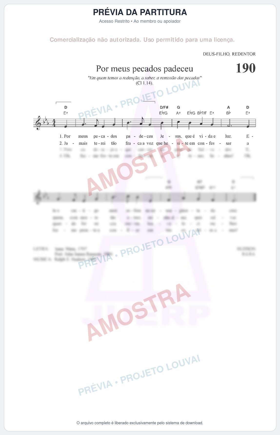 Prévia protegida da primeira página da partitura Partitura da música Por meus pecados padeceu (HCC CIFRADO 190) - Hinário para o Culto Cristão - Tom Eb