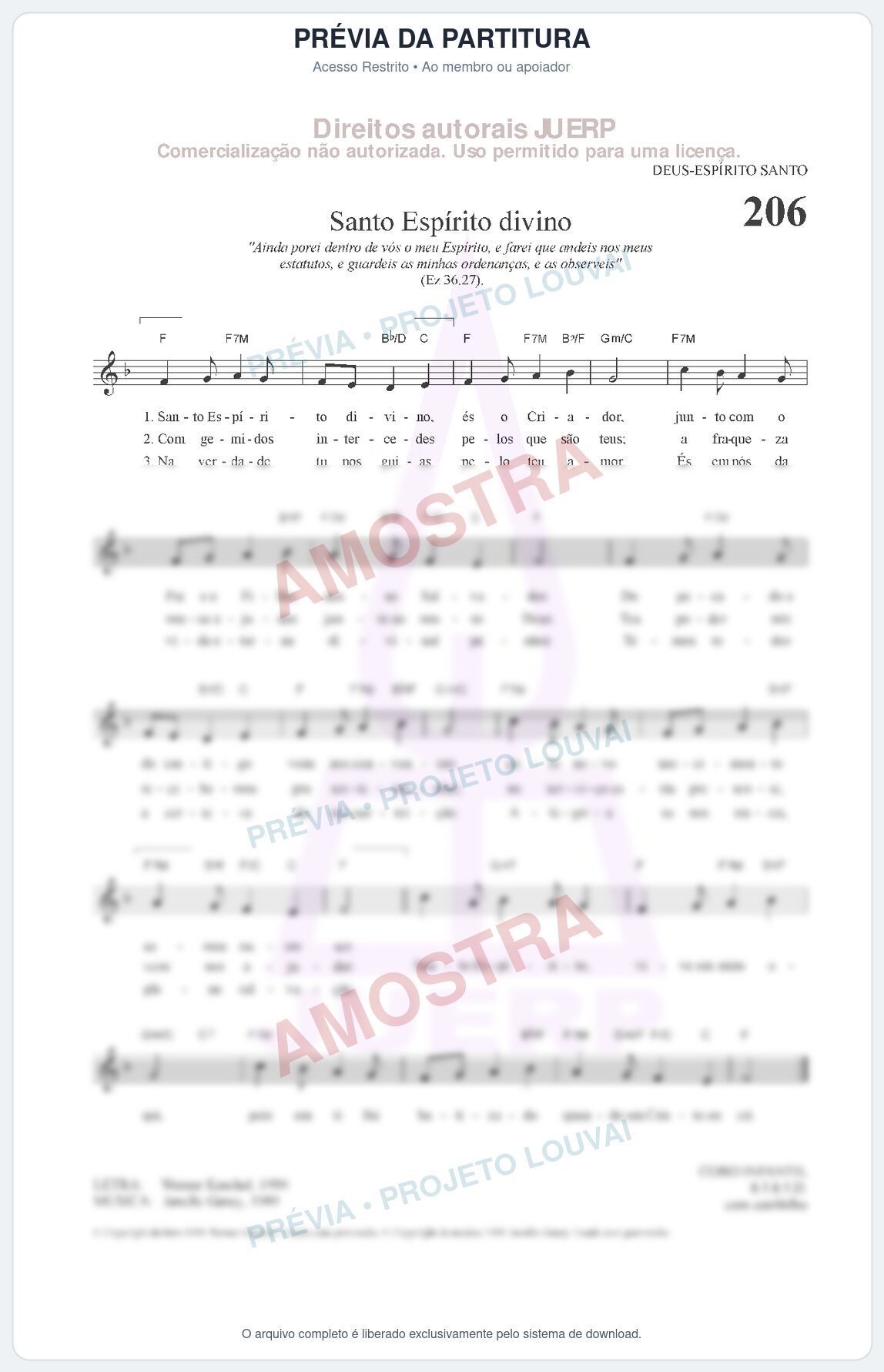 Prévia protegida da primeira página da partitura Partitura da música Santo Espírito divino (HCC CIFRADO 206) - Hinário para o Culto Cristão - Tom F