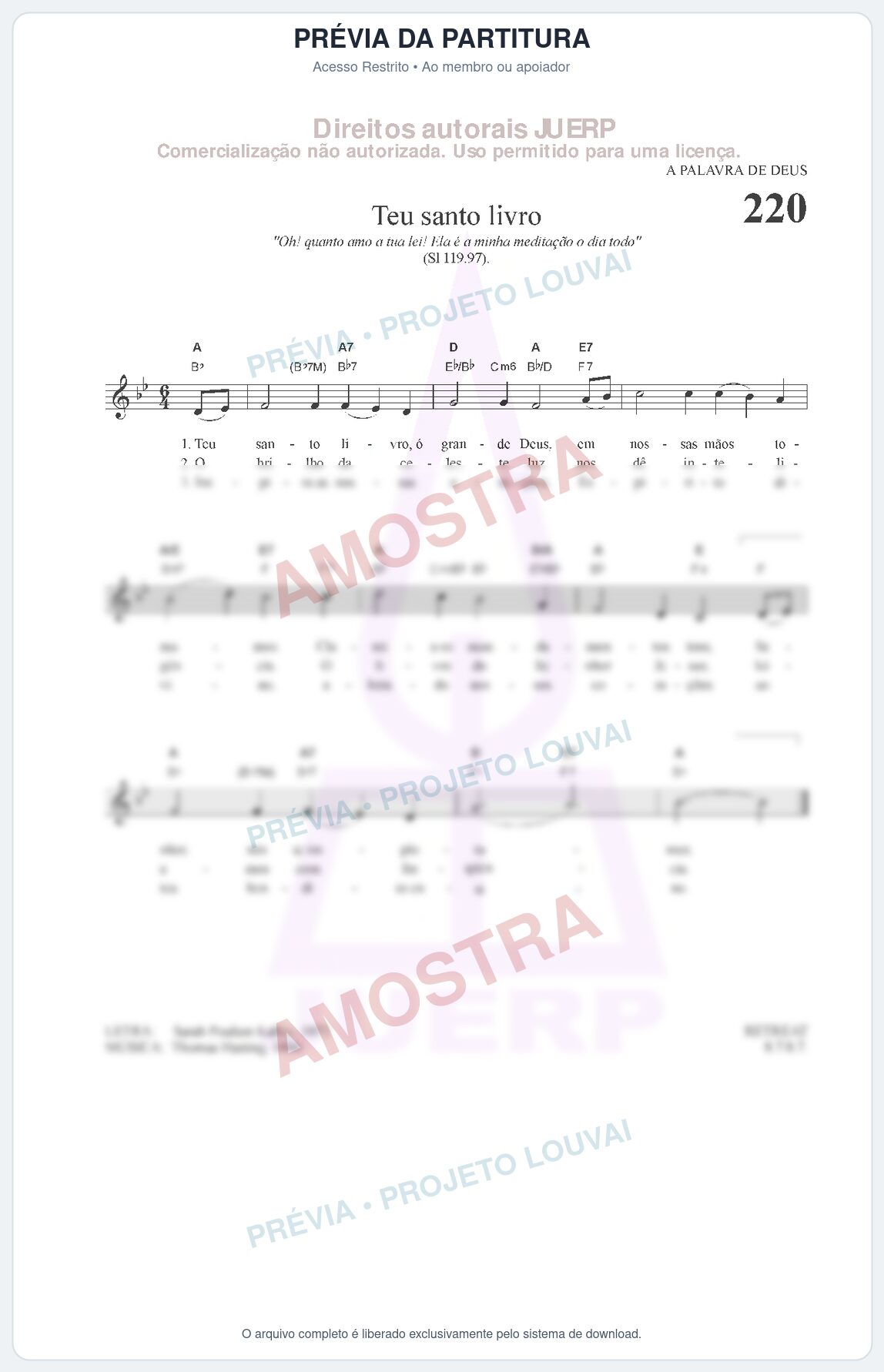 Prévia protegida da primeira página da partitura Partitura da música Teu santo livro (HCC CIFRADO 220) - Hinário para o Culto Cristão - Tom Bb