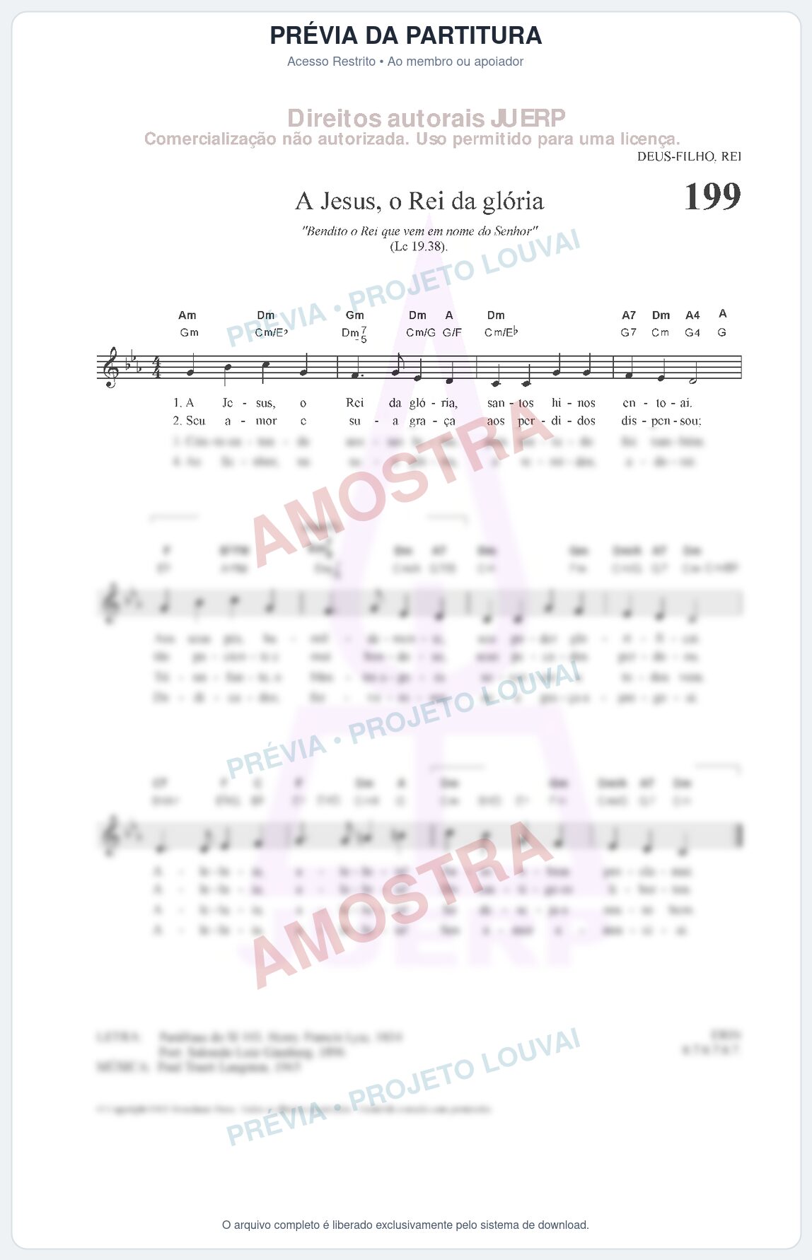 Prévia protegida da primeira página da partitura Partitura da música A Jesus, o Rei da glória (HCC CIFRADO 199) - Hinário para o Culto Cristão - Tom Gm