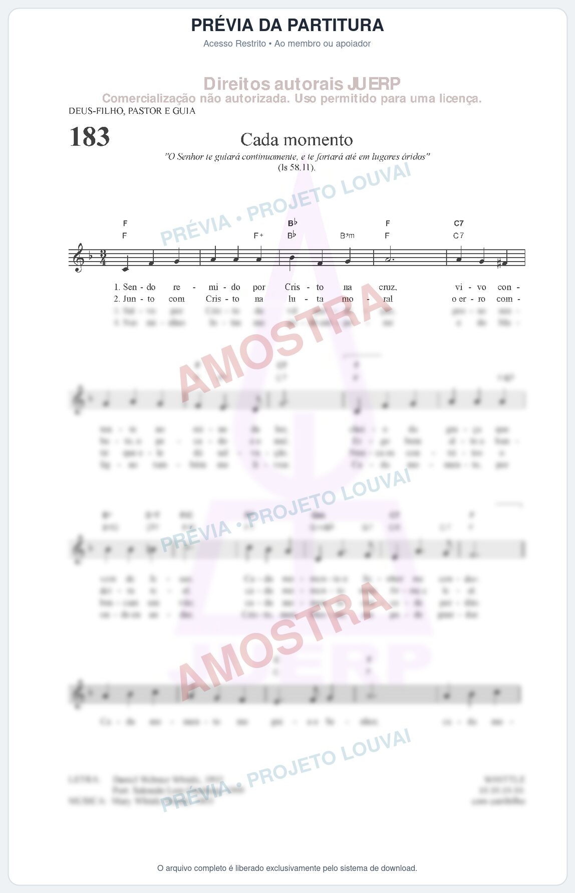 Prévia protegida da primeira página da partitura Partitura da música Cada momento (HCC CIFRADO 183) - Hinário para o Culto Cristão - Tom F
