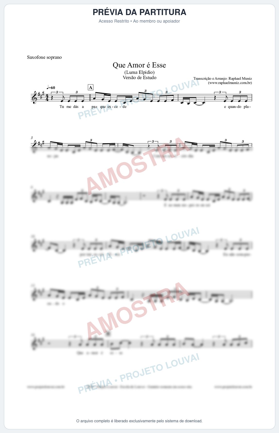 Prévia protegida da primeira página da partitura Partitura para Saxofone Soprano - Que Amor É Esse - Luma Elpidio