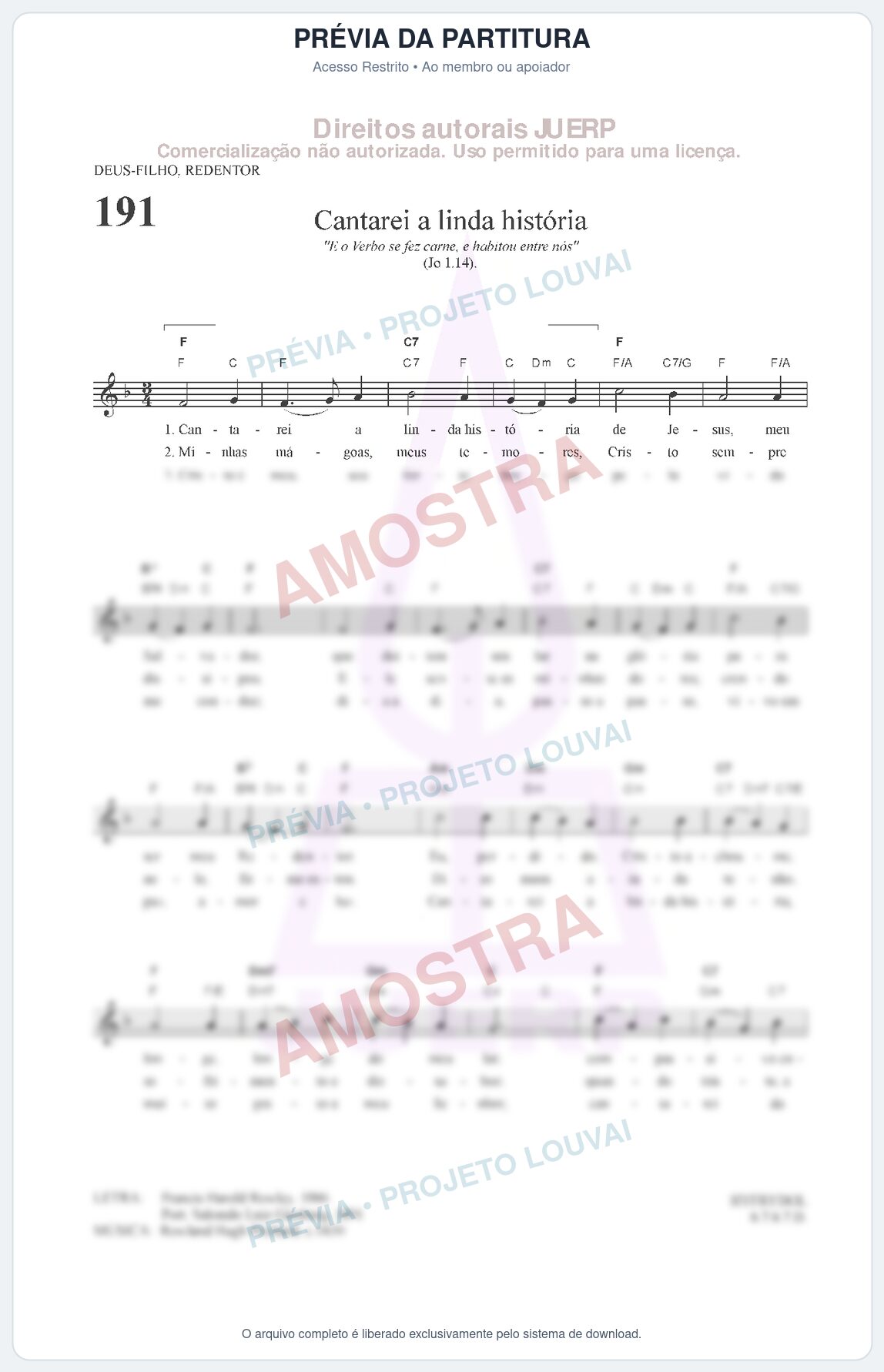 Prévia protegida da primeira página da partitura Partitura da música Cantarei a linda história (HCC CIFRADO 191) - Hinário para o Culto Cristão - Tom F