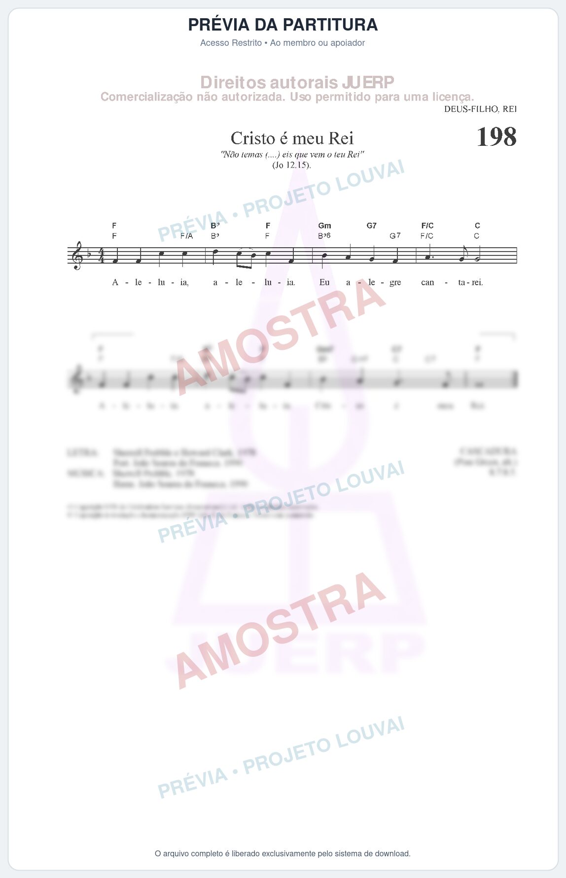Prévia protegida da primeira página da partitura Partitura da música Cristo é meu Rei (HCC CIFRADO 198) - Hinário para o Culto Cristão - Tom F