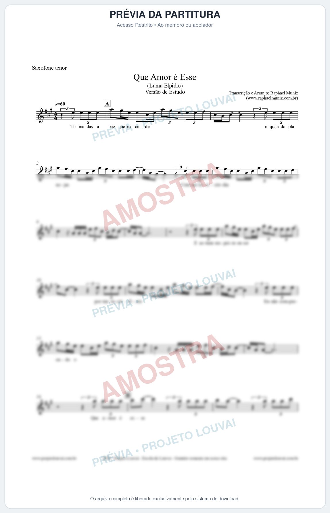 Prévia protegida da primeira página da partitura Partitura para Saxofone Tenor - Que Amor É Esse - Luma Elpidio