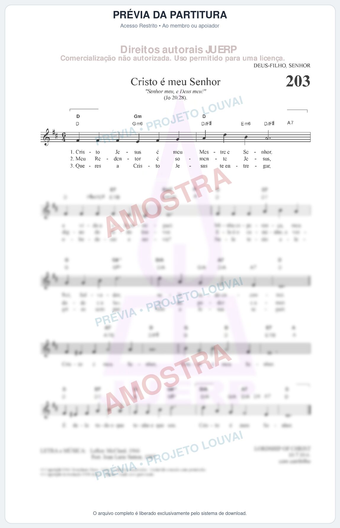 Prévia protegida da primeira página da partitura Partitura da música Cristo é meu Senhor (HCC CIFRADO 203) - Hinário para o Culto Cristão - Tom D