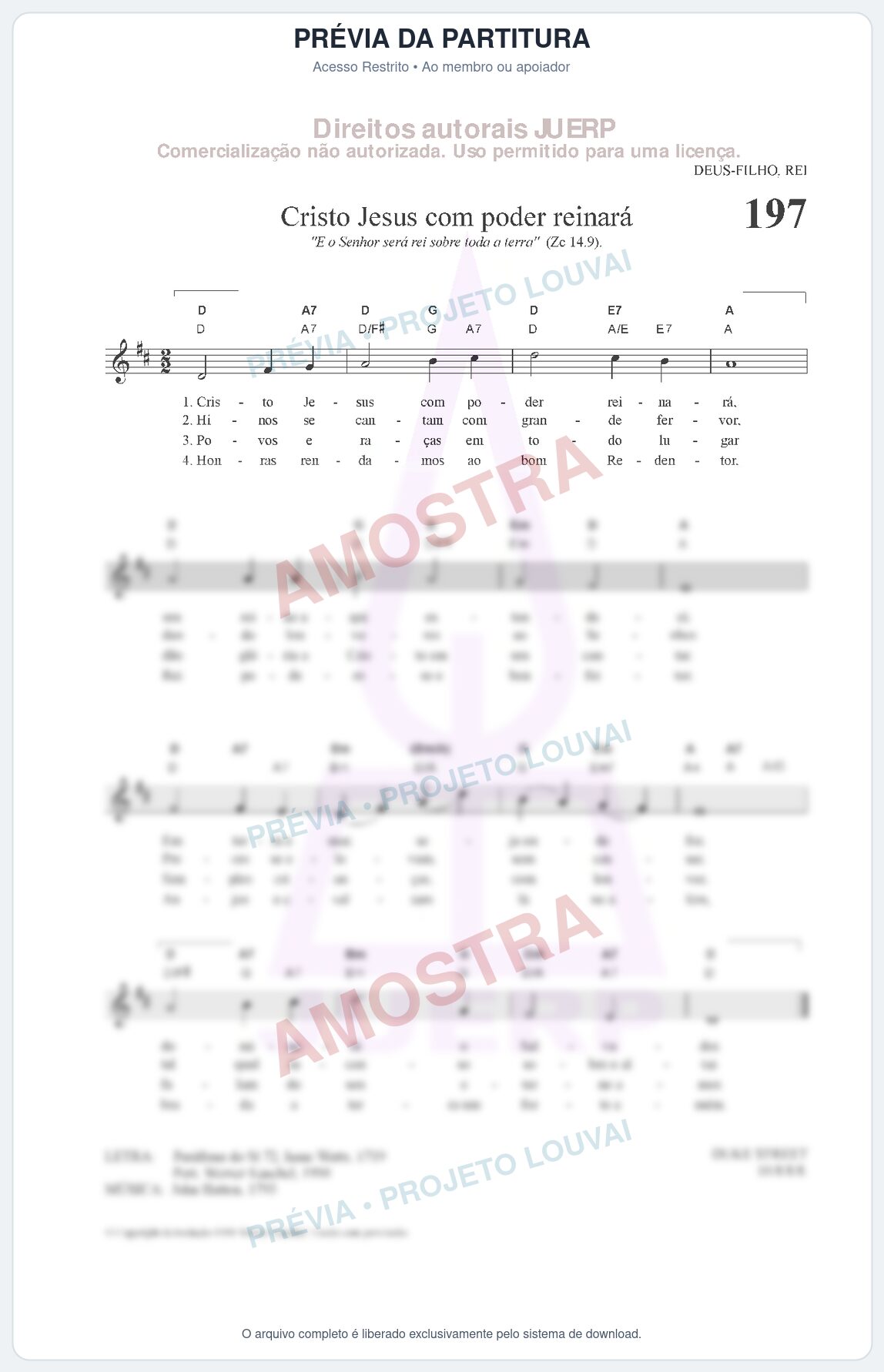 Prévia protegida da primeira página da partitura Partitura da música Cristo Jesus com poder reinará (HCC CIFRADO 197) - Hinário para o Culto Cristão - Tom D