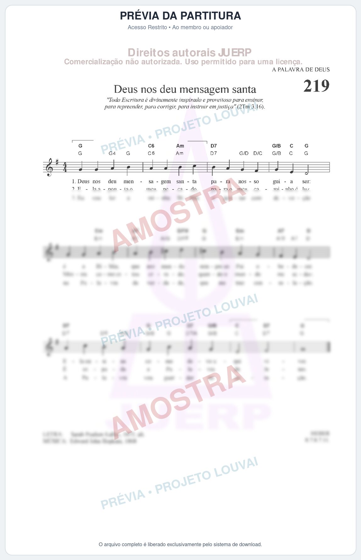 Prévia protegida da primeira página da partitura Partitura da música Deus nos deu mensagem santa (HCC CIFRADO 219) - Hinário para o Culto Cristão - Tom G