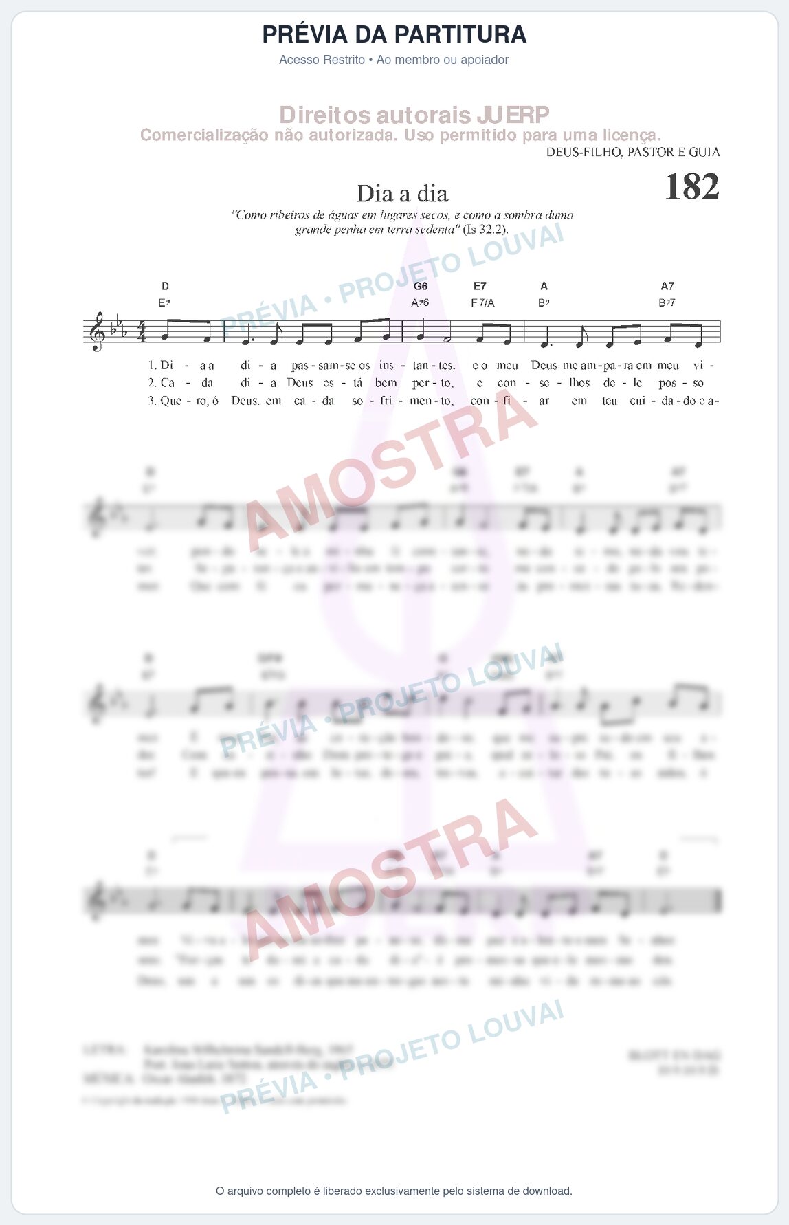 Prévia protegida da primeira página da partitura Partitura da música Dia a dia (HCC CIFRADO 182) - Hinário para o Culto Cristão - Tom Eb