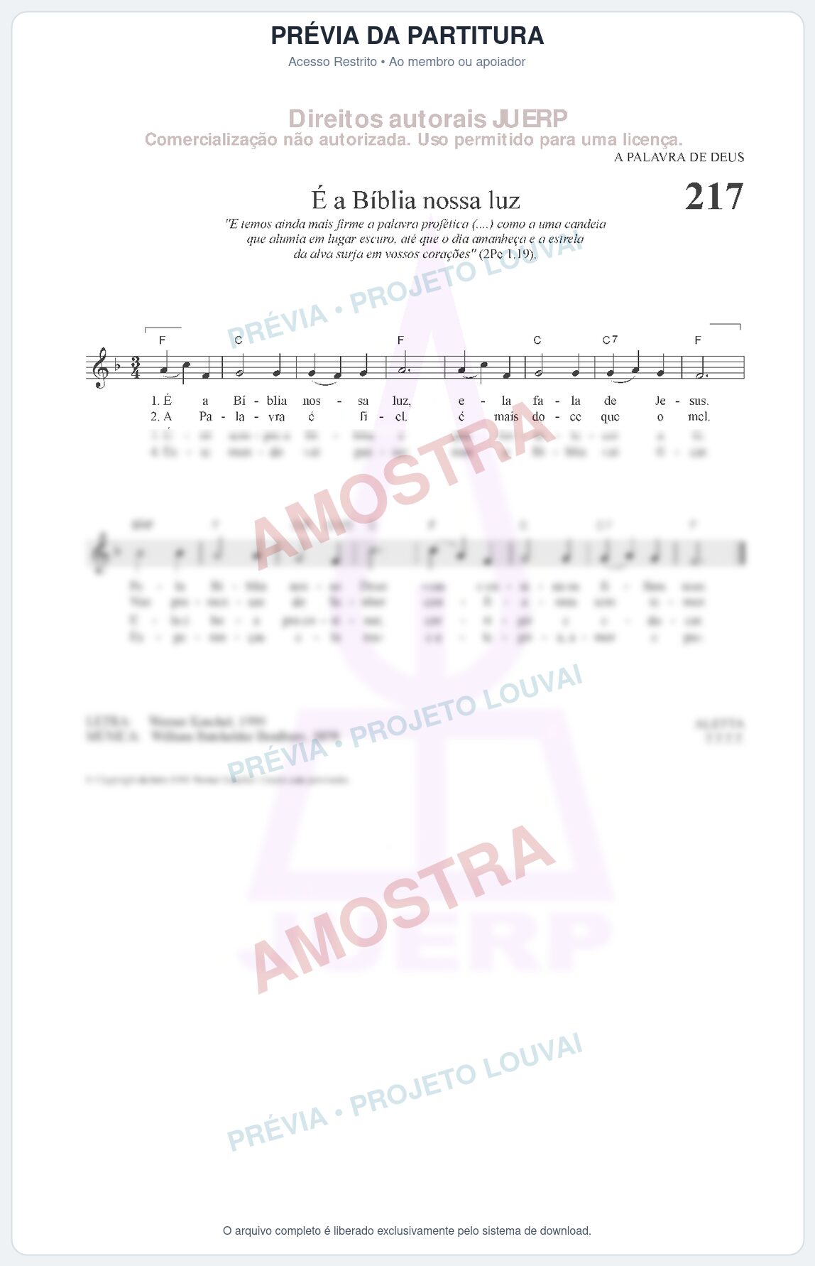 Prévia protegida da primeira página da partitura Partitura da música a Bíblia nossa luz (HCC CIFRADO 217) - Hinário para o Culto Cristão - Tom F