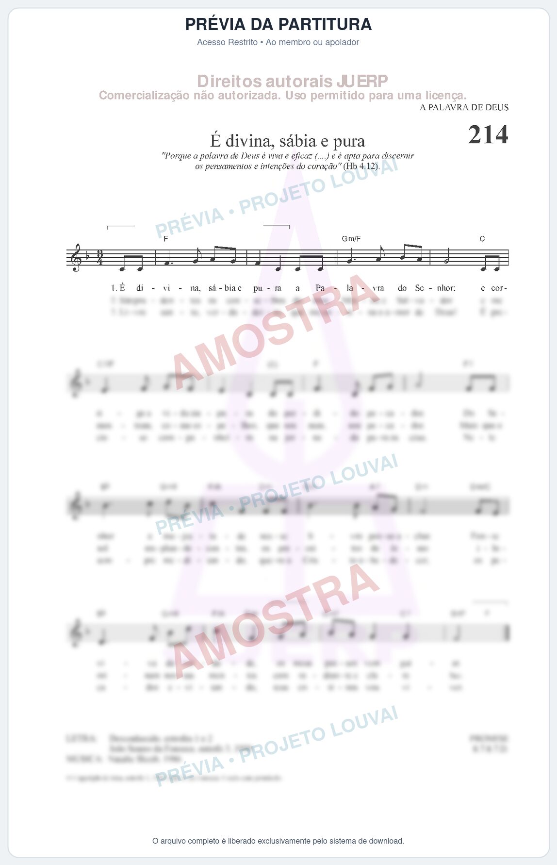 Prévia protegida da primeira página da partitura Partitura da música divina, sábia e pura (HCC CIFRADO 214) - Hinário para o Culto Cristão - Tom F