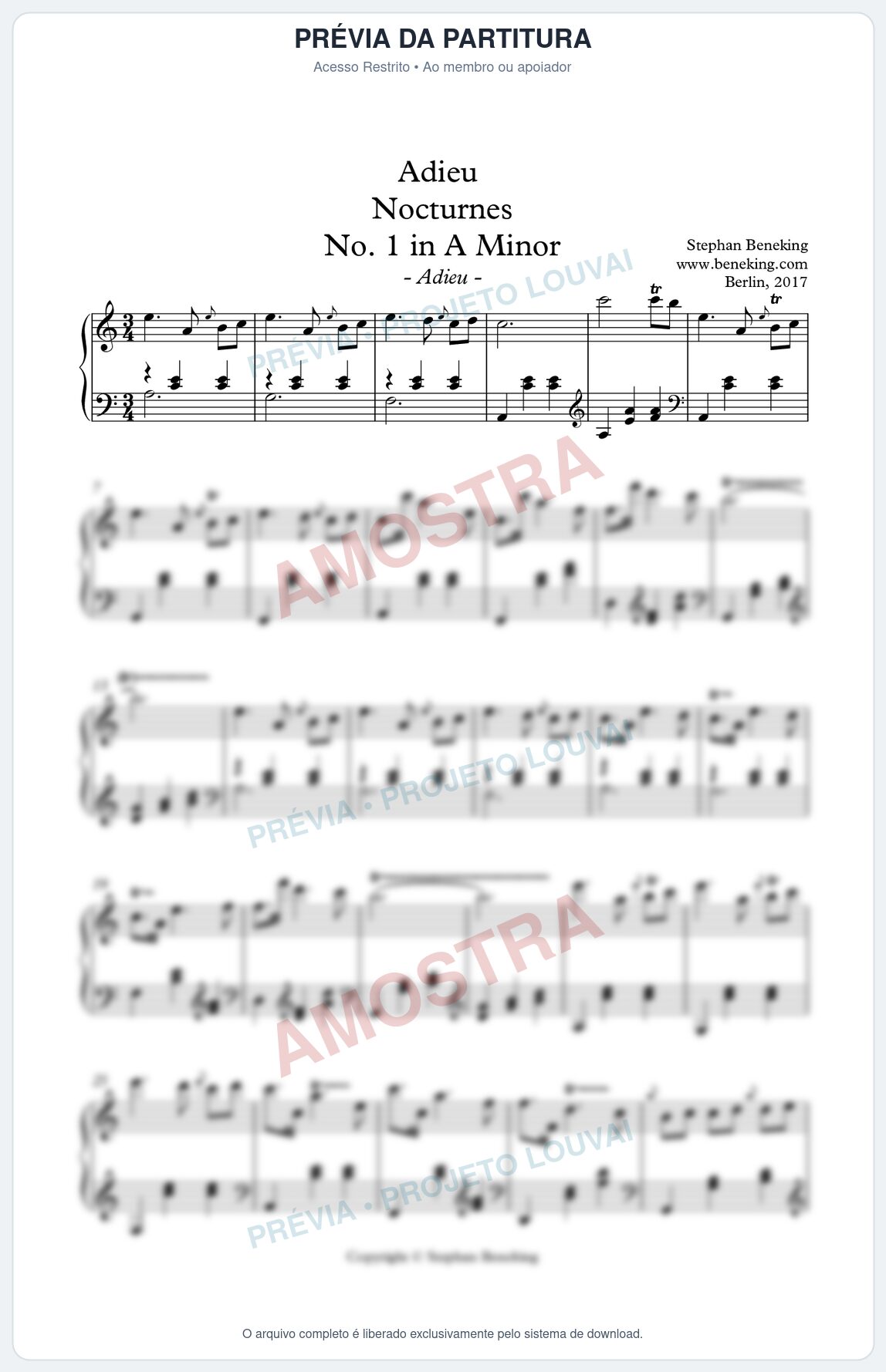 Prévia protegida da primeira página da partitura Partitura para Piano - Adieu Nocturnes nº 1 em Am - Stephan Beneking - Músicas Eruditas