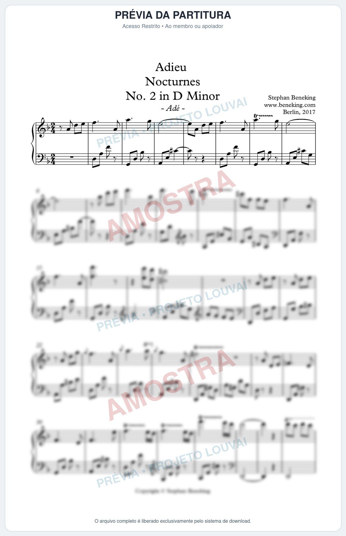 Prévia protegida da primeira página da partitura Partitura para Piano - Adieu Nocturnes nº 2 em Dm - Stephan Beneking - Músicas Eruditas
