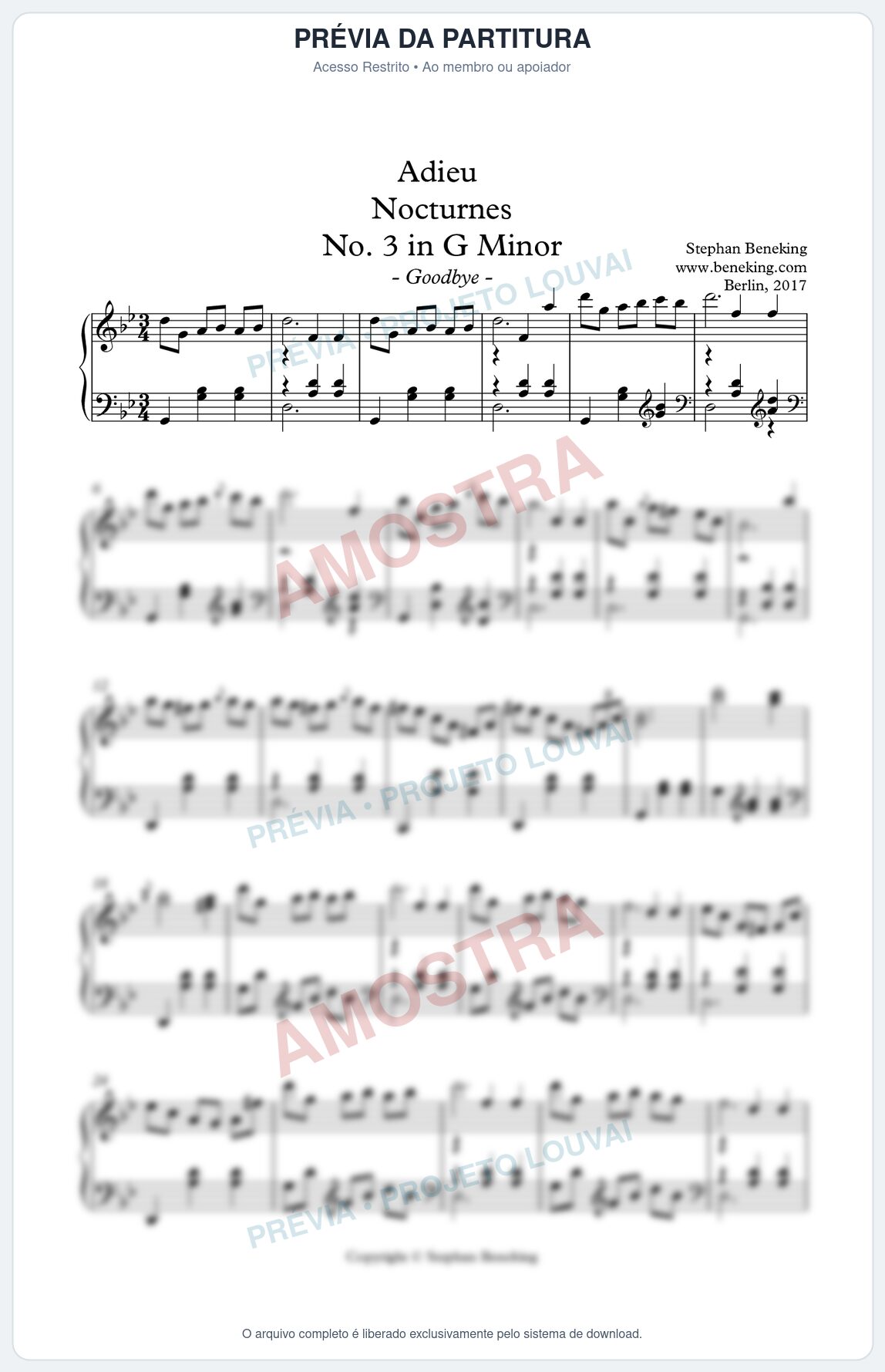 Prévia protegida da primeira página da partitura Partitura para Piano - Adieu Nocturnes nº 3 em Gm - Stephan Beneking - Músicas Eruditas
