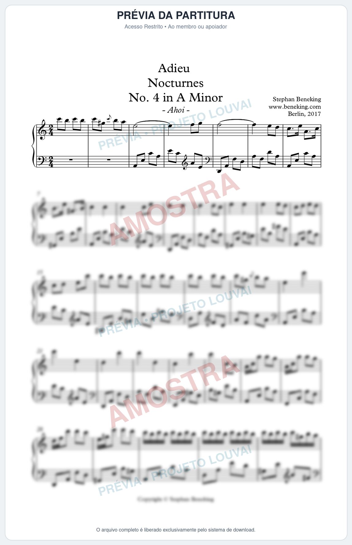 Prévia protegida da primeira página da partitura Partitura para Piano - Adieu Nocturnes nº 4 em Am - Stephan Beneking - Músicas Eruditas