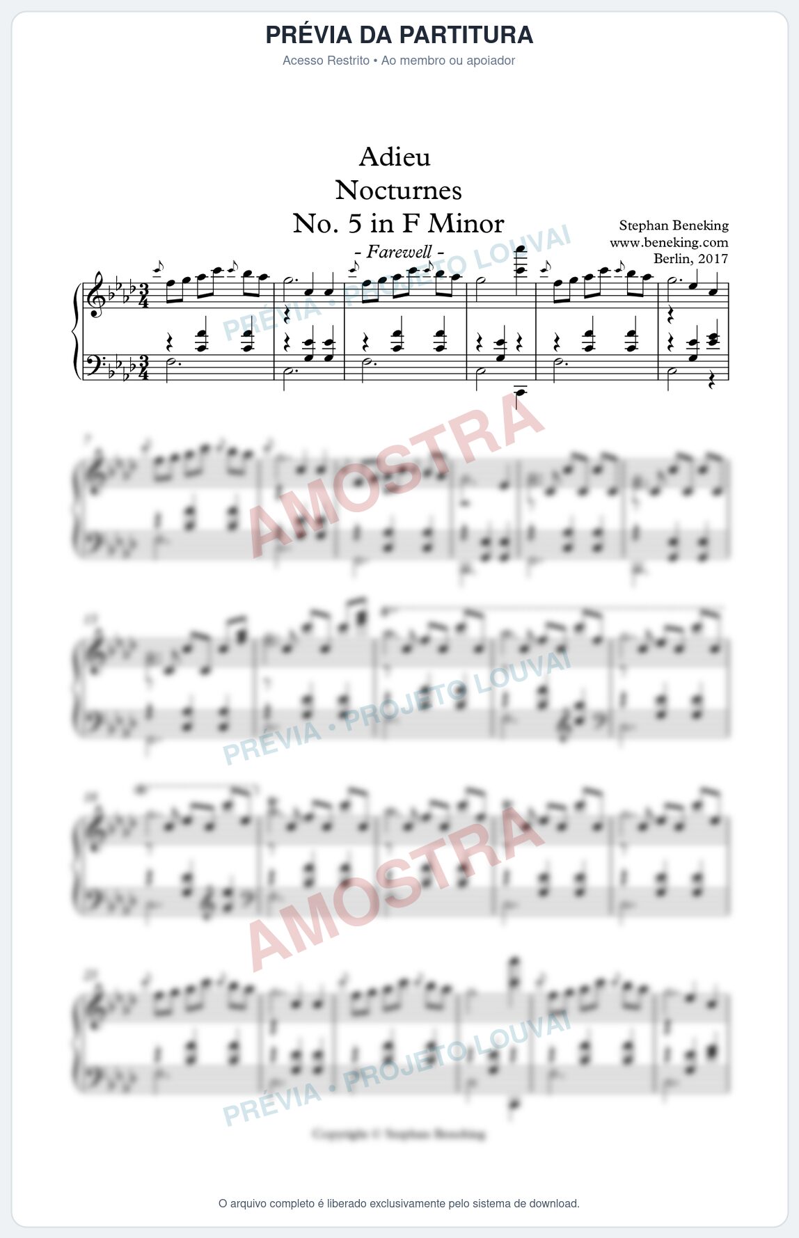 Prévia protegida da primeira página da partitura Partitura para Piano - Adieu Nocturnes nº 5 em Fm - Stephan Beneking - Músicas Eruditas