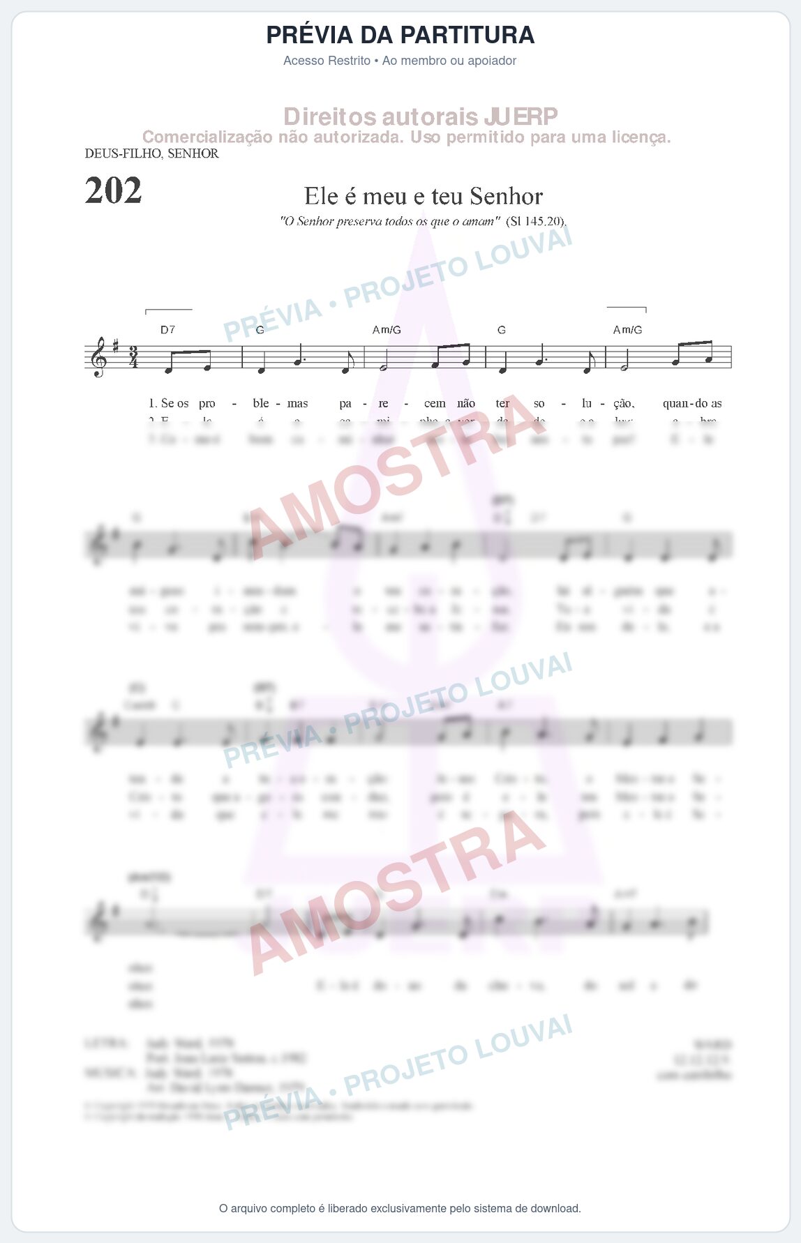 Prévia protegida da primeira página da partitura Partitura da música Ele é meu e teu Senhor (HCC CIFRADO 202) - Hinário para o Culto Cristão - Tom G